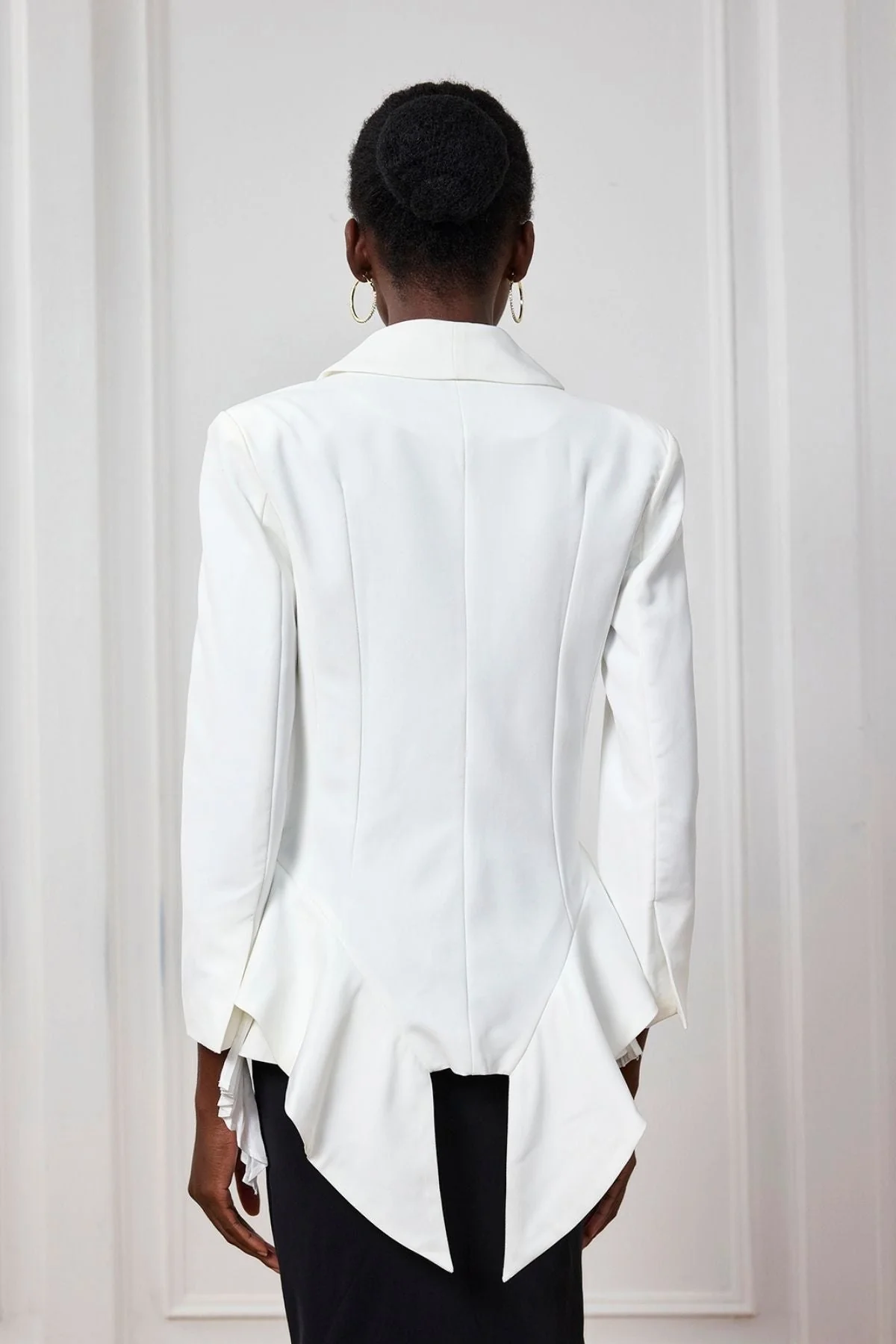 White Ruffle Ruch Asymmetric Blazer - Chic Office Wear