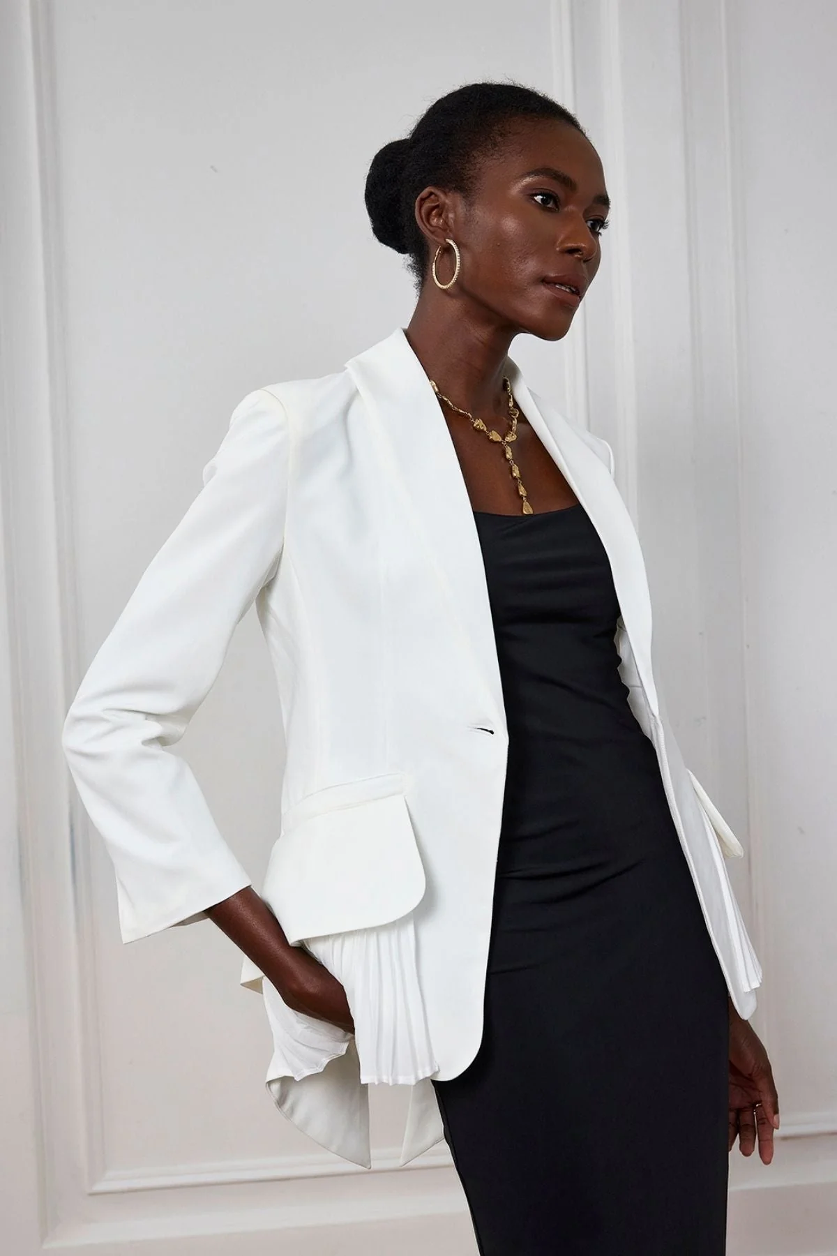 White Ruffle Ruch Asymmetric Blazer - Chic Office Wear