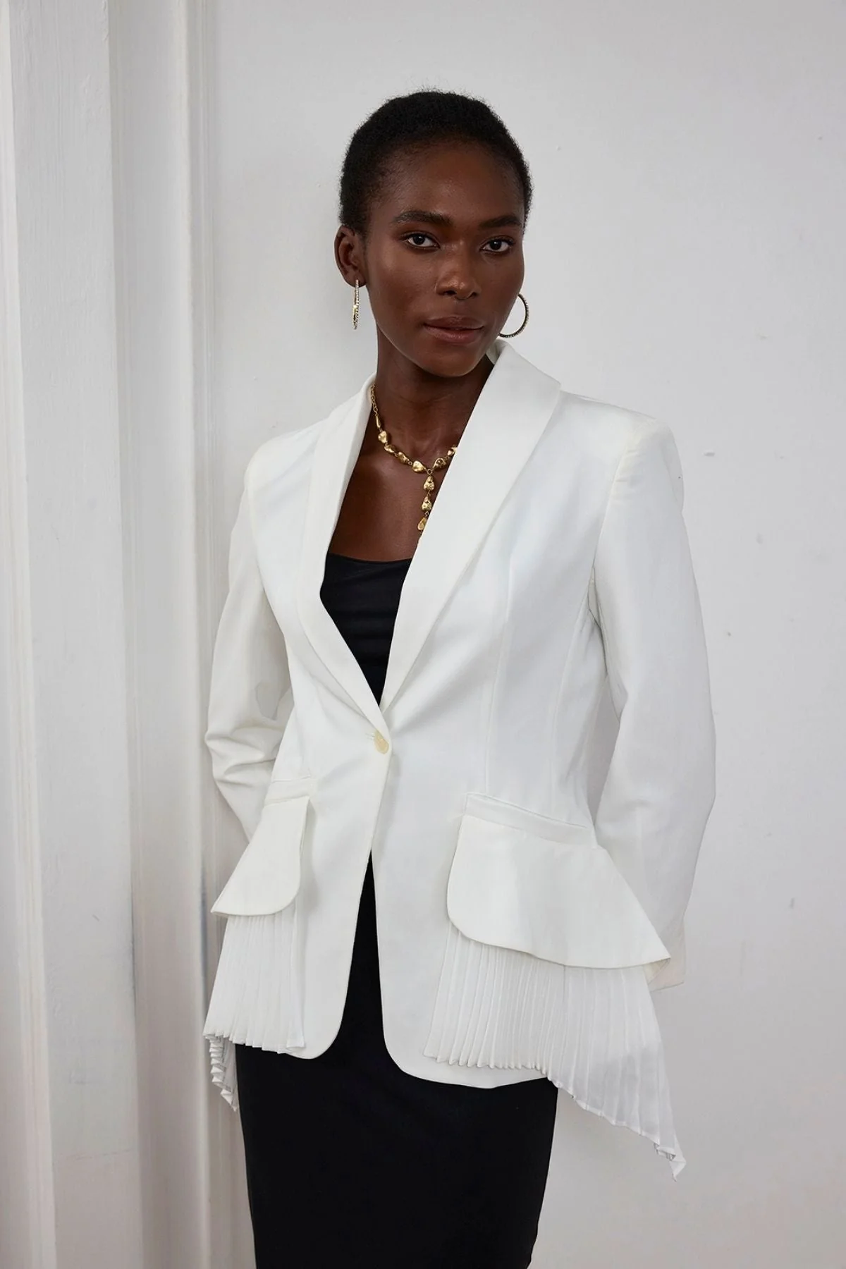 White Ruffle Ruch Asymmetric Blazer - Chic Office Wear
