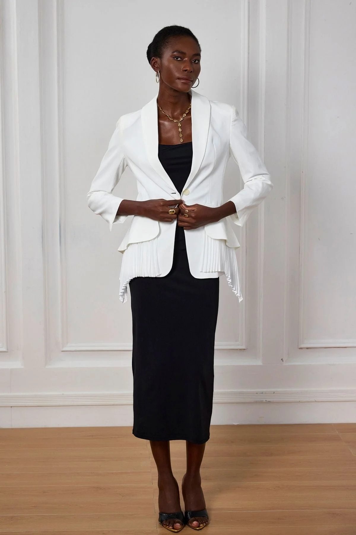 White Ruffle Ruch Asymmetric Blazer - Chic Office Wear