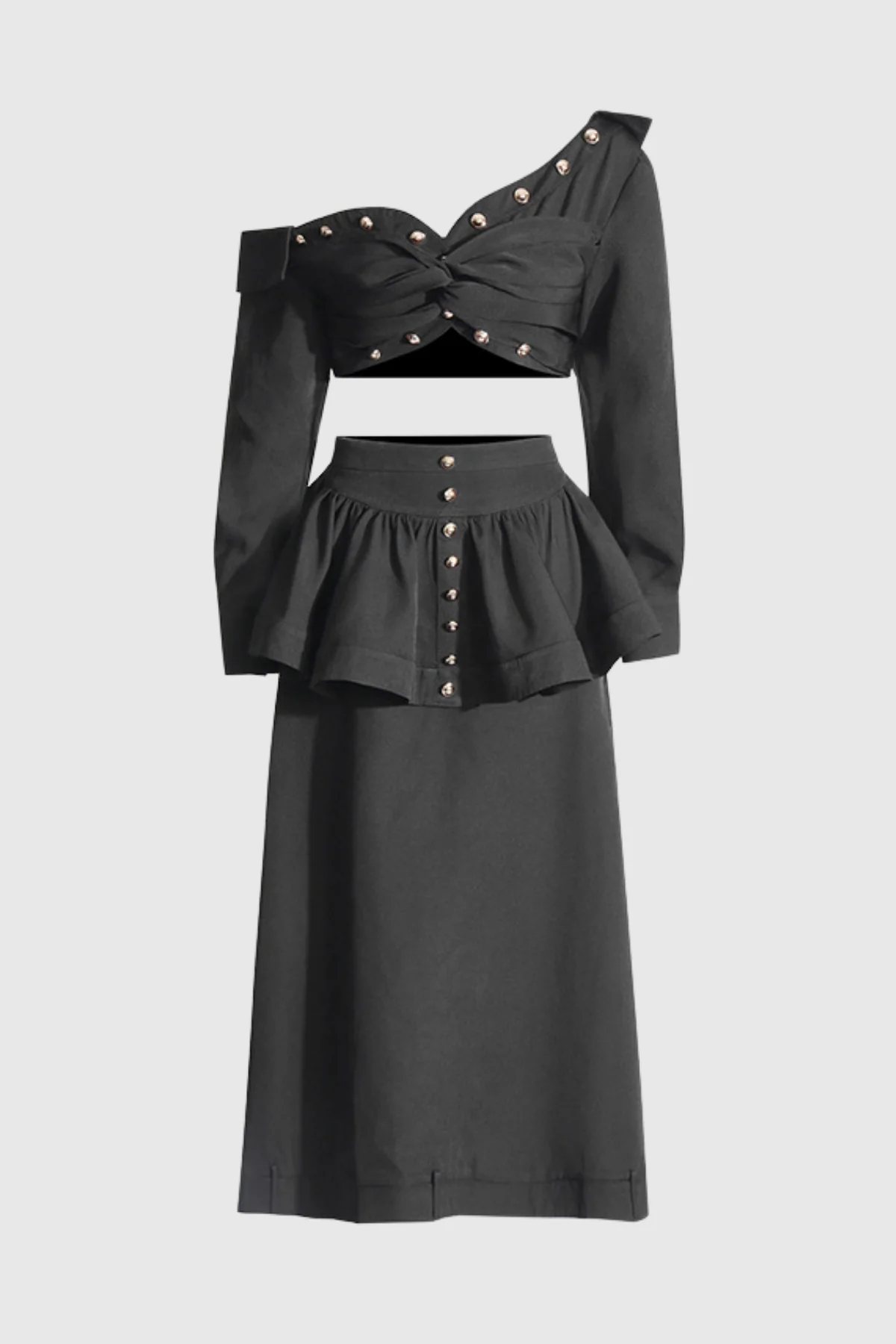 Buttoned Patchwork Maxi Skirt - Elegant Black Ruffle Design