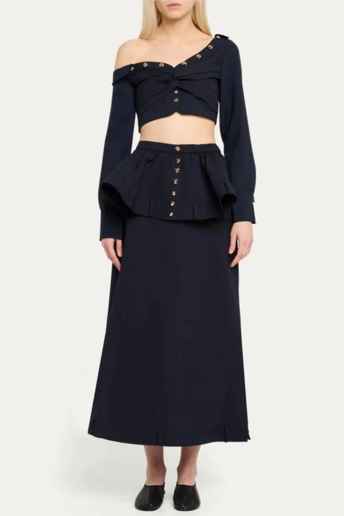 Buttoned Patchwork Maxi Skirt - Elegant Black Ruffle Design