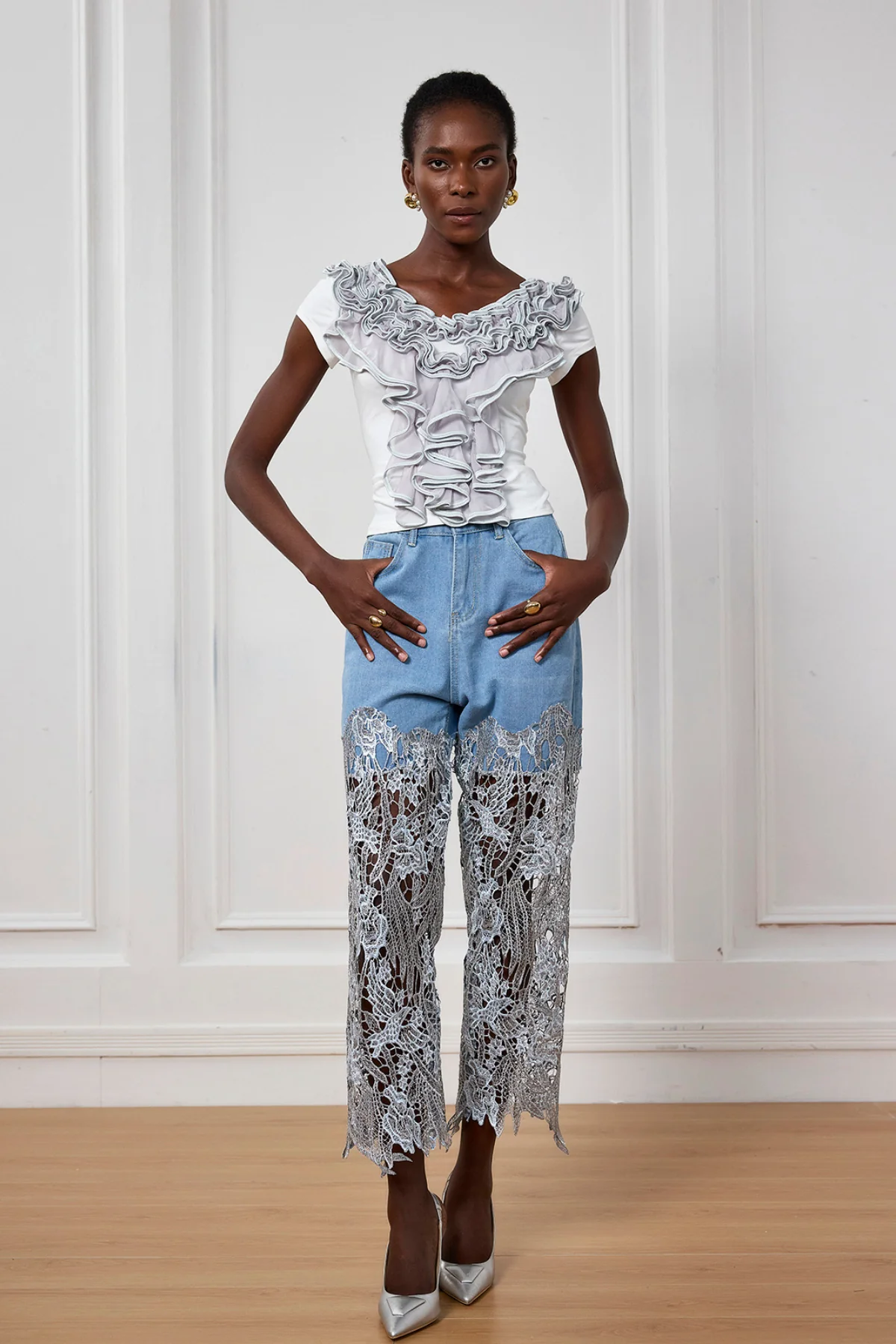 Floral Embroidered Cutout Jeans - Elegant Urban Edge Style