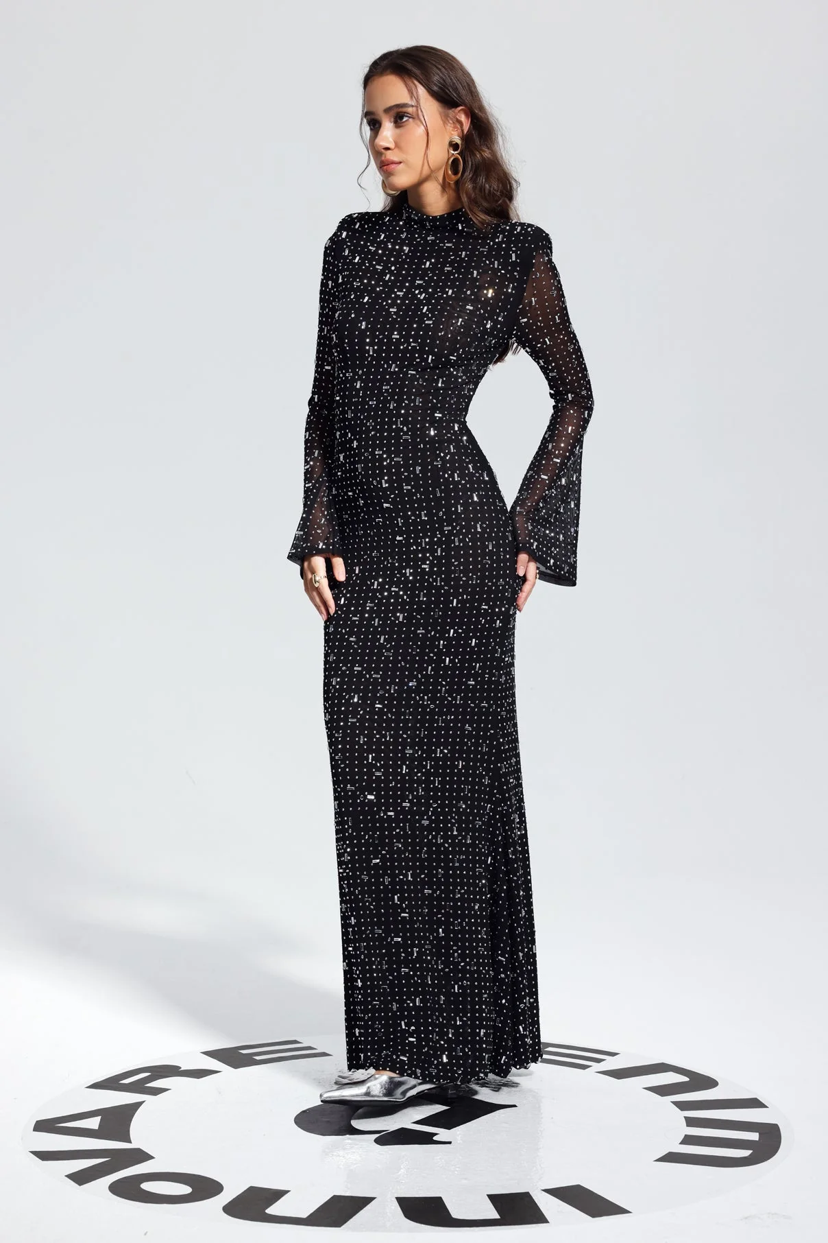 Black Rhinestone Bodycon Maxi Dress