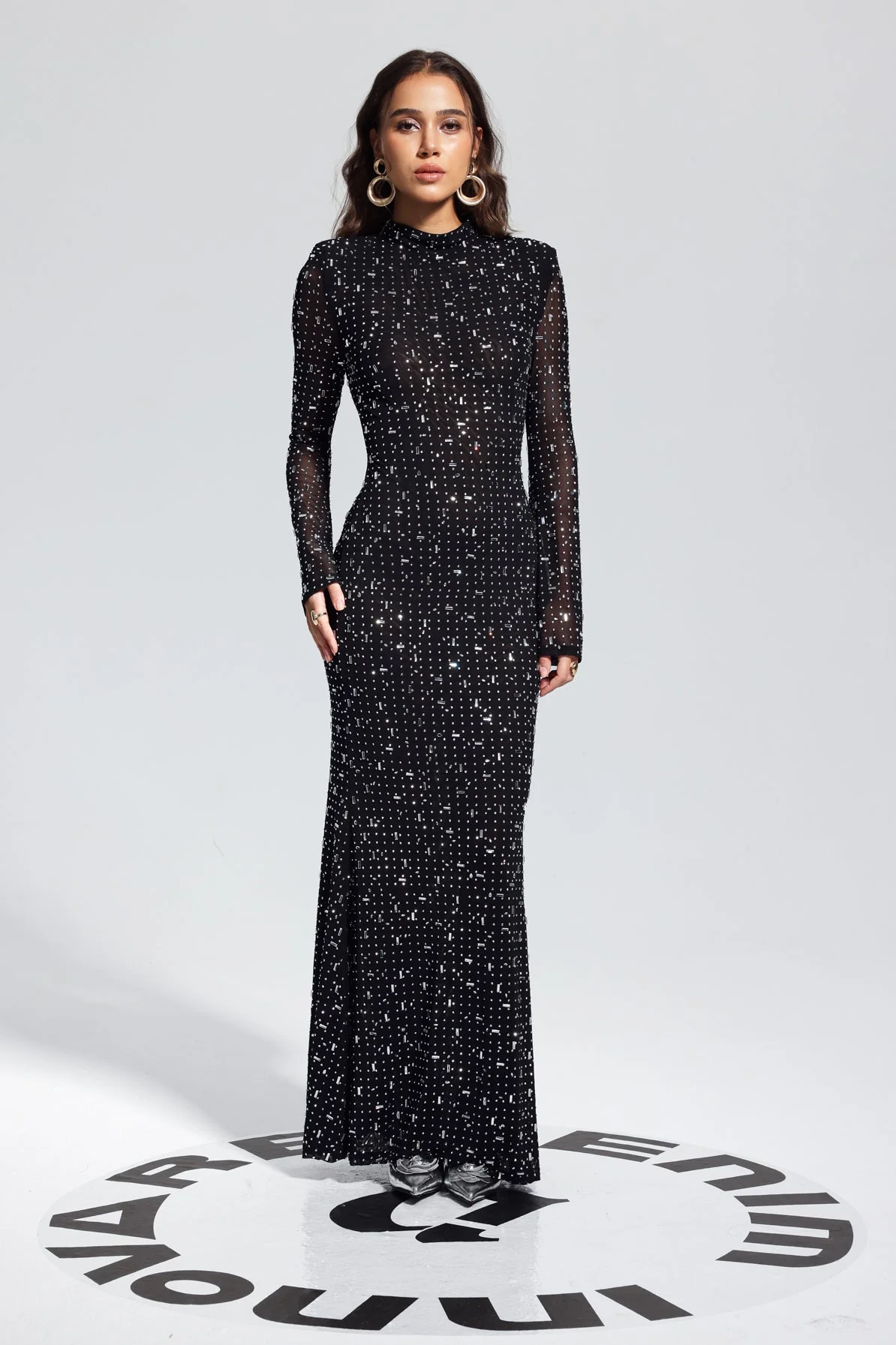 Black Rhinestone Bodycon Maxi Dress