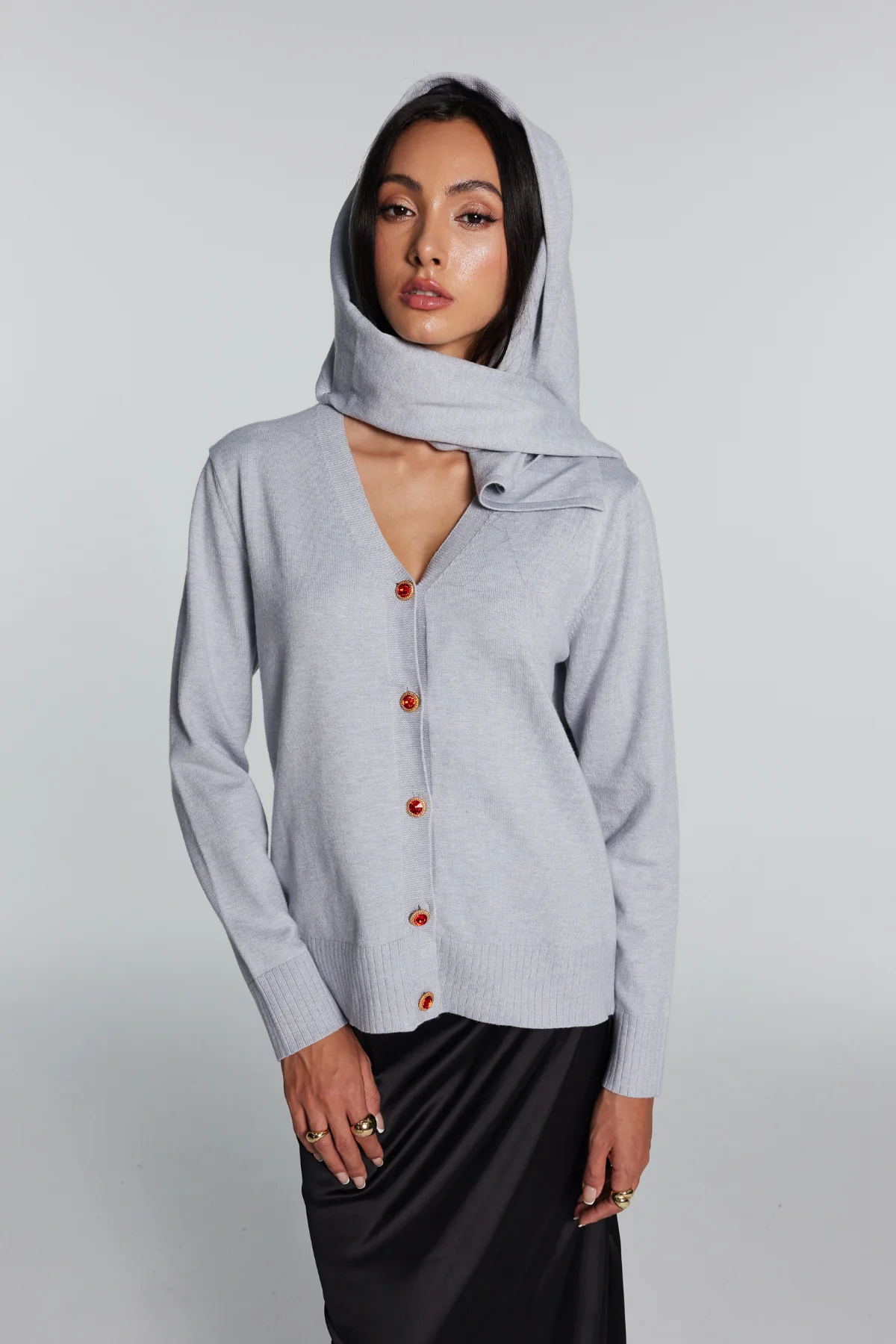 Grey Knit Plunge Hooded Sweater