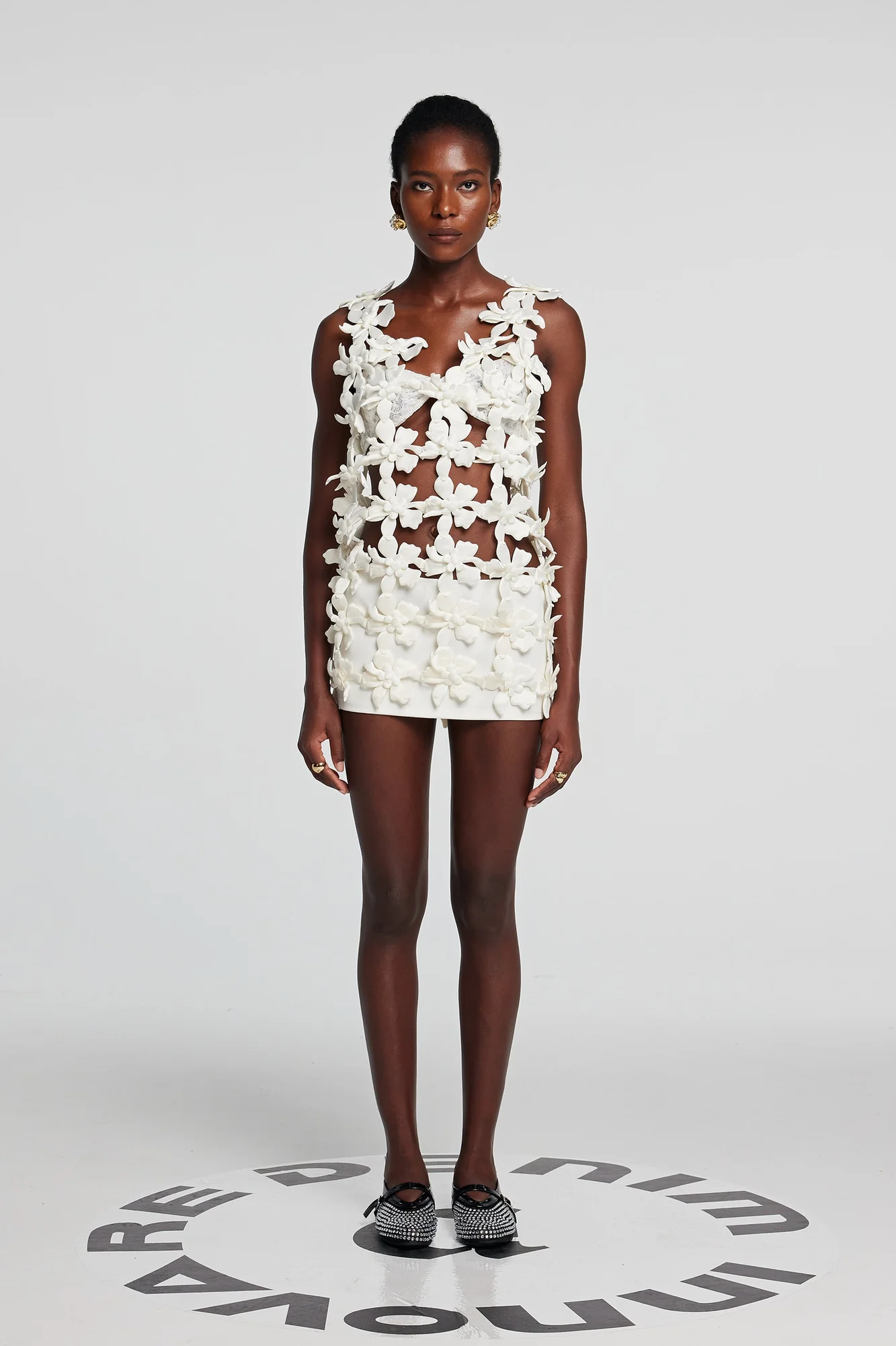 White Floral Hollow Sleeveless Mini Dress