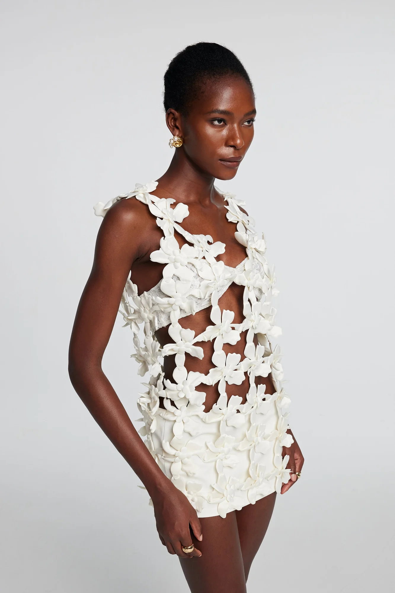 White Floral Hollow Sleeveless Mini Dress