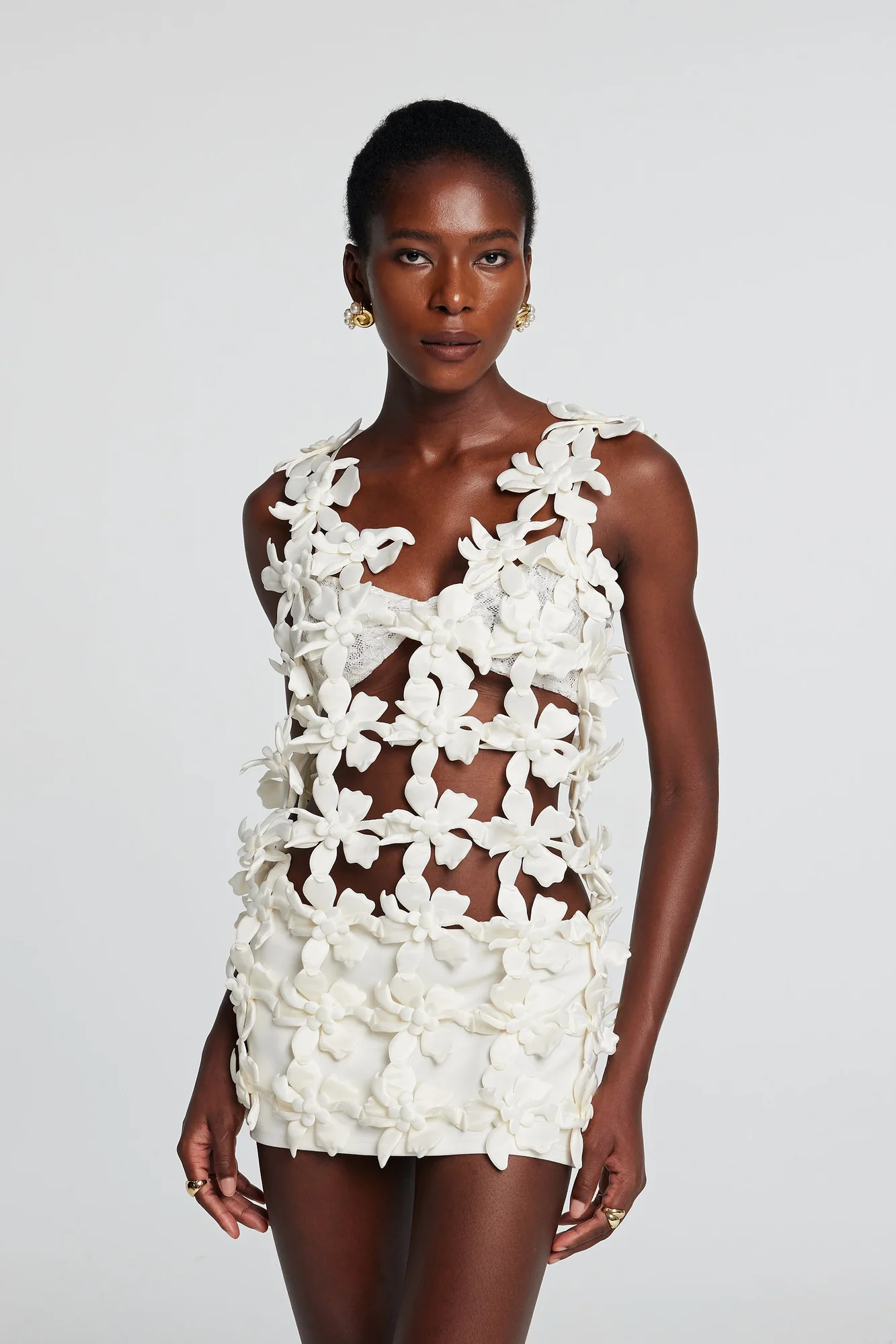 White Floral Hollow Sleeveless Mini Dress