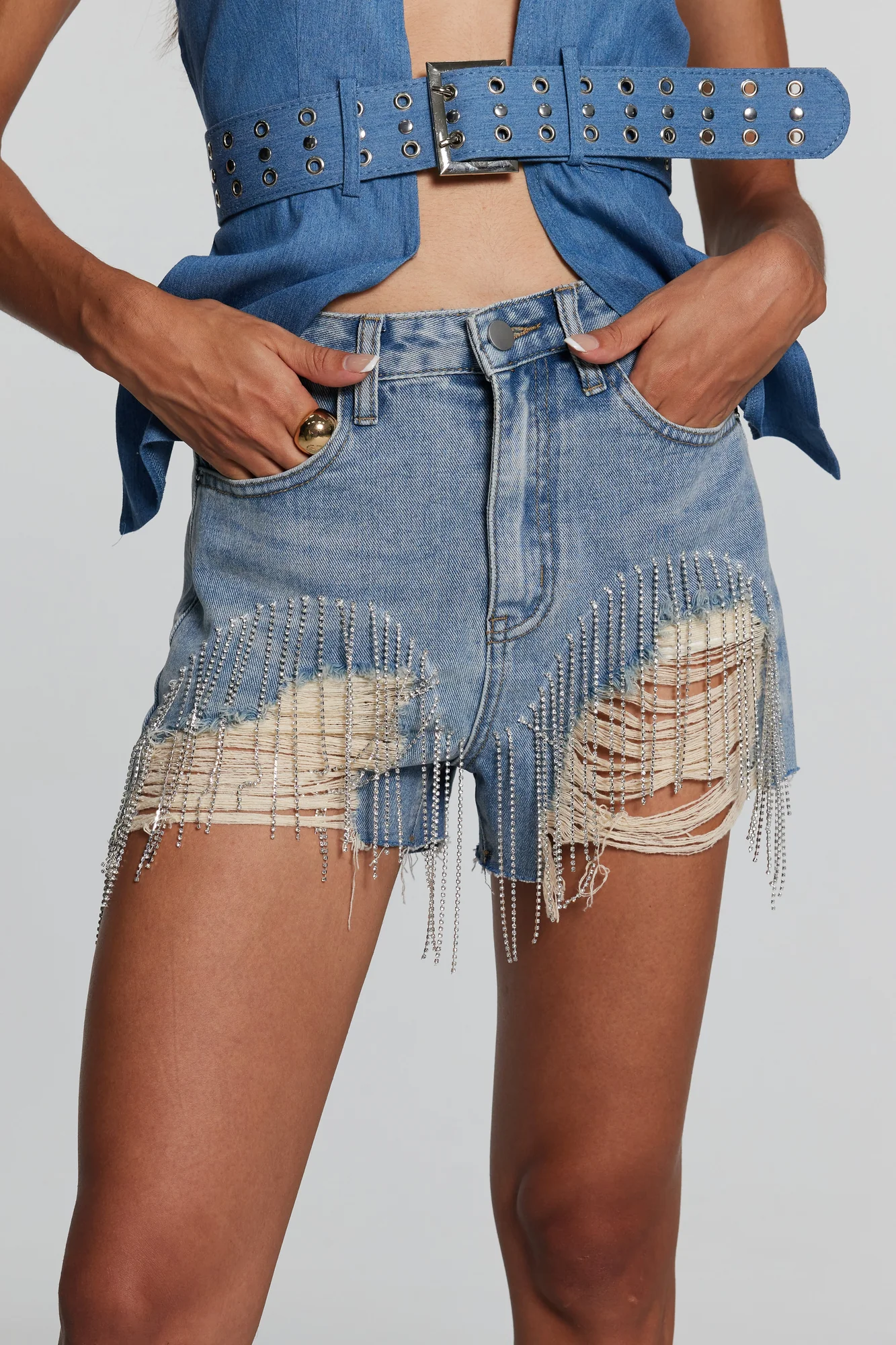 Blue Fringe Rhinestone Short Jeans for Urban Wear