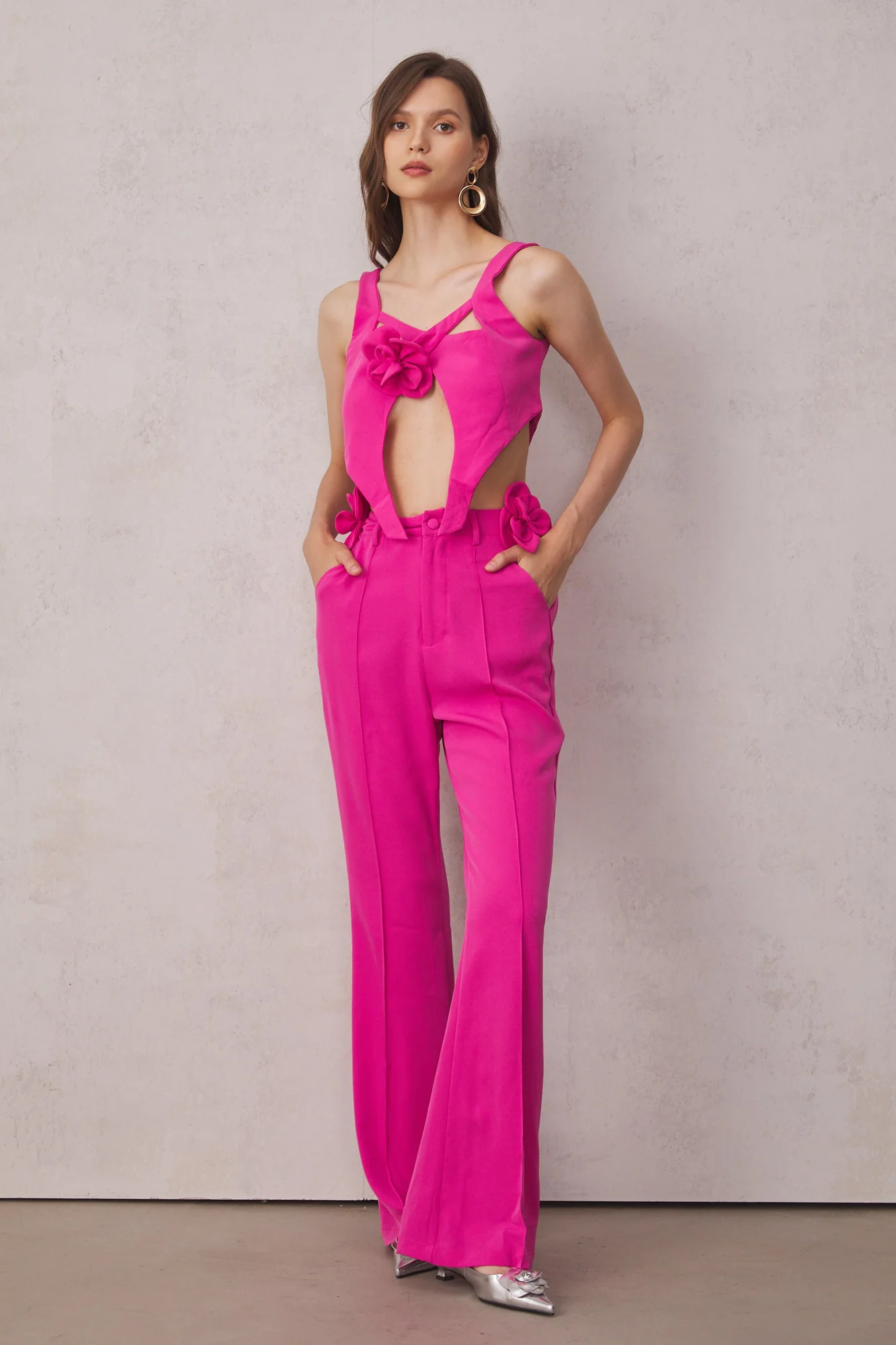 Pink Floral Cutout Sleeveless Set for Women