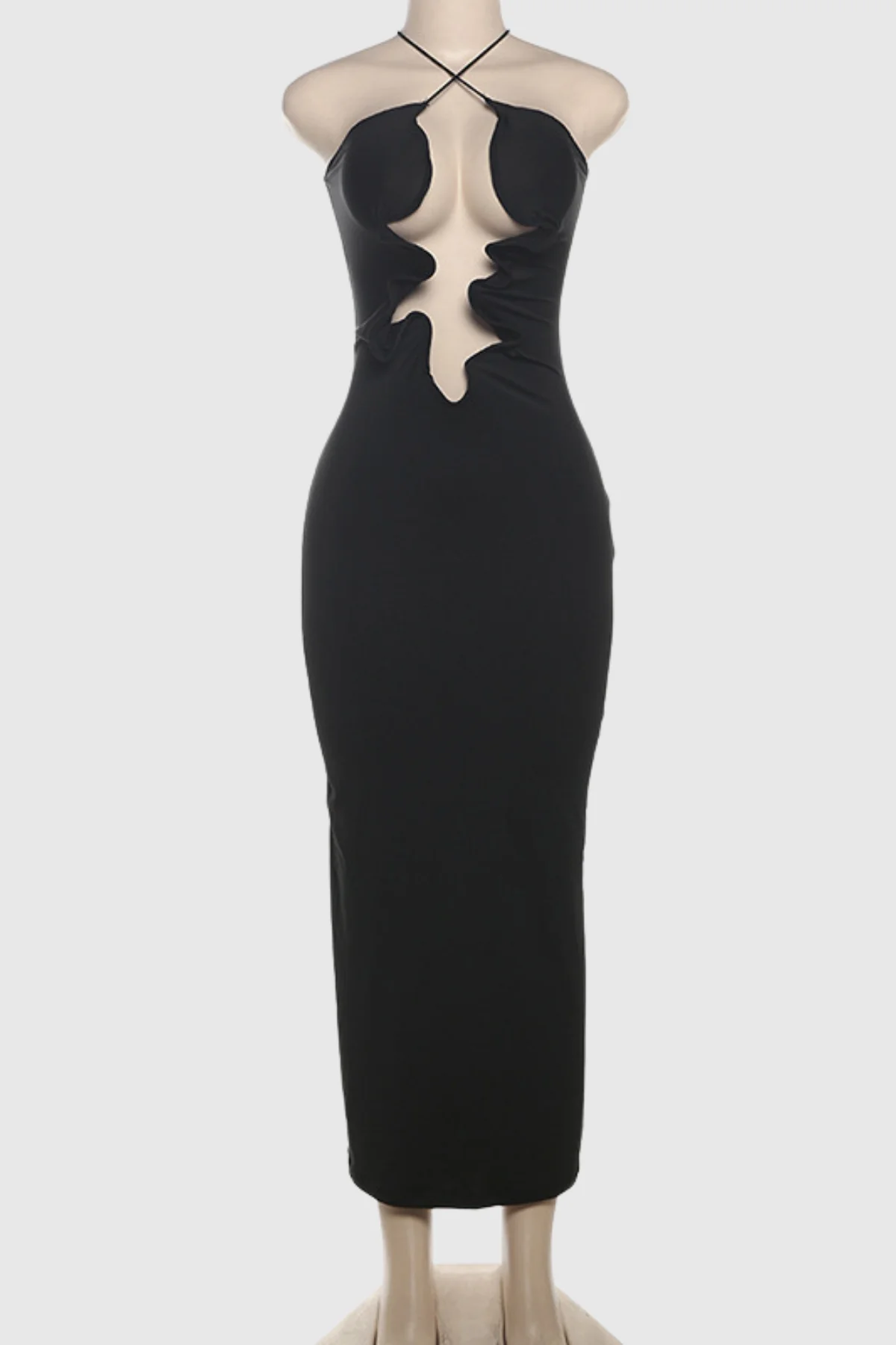 Black Halter Neck Maxi Dress with Hollow Cutout Design