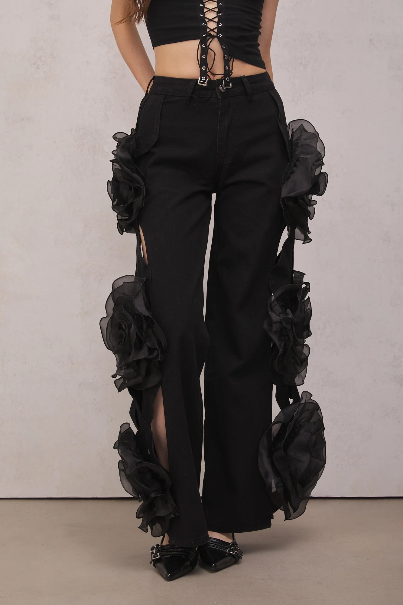 Floral Hollow Black Jeans - Unique Floral Cutouts