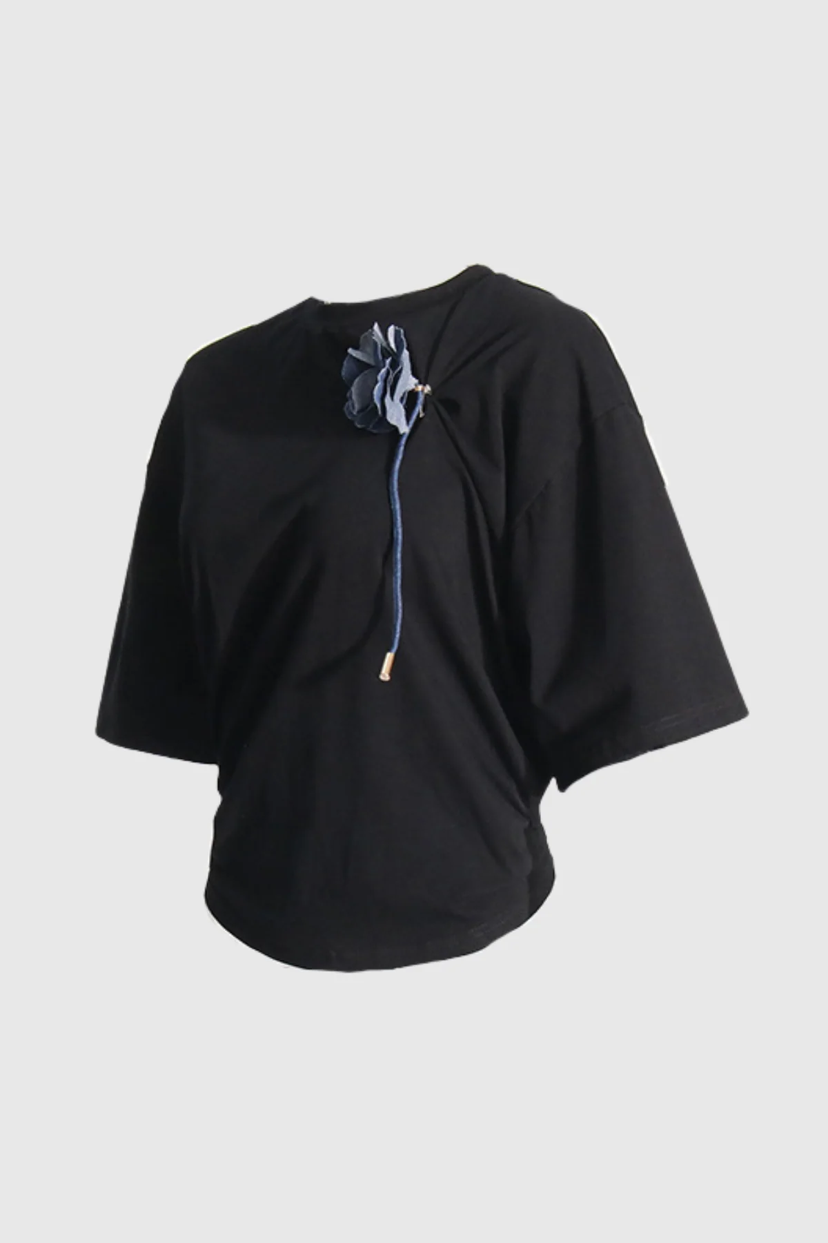 Black Ruched Flower T-Shirt - Elegant & Stylish Womens Top