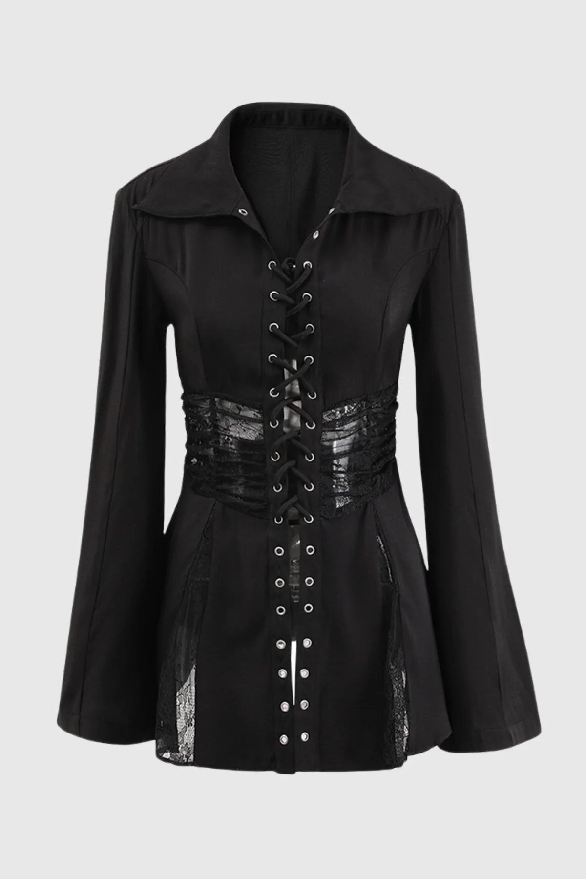Black Lace-Up Shirt with See-Through Detailing