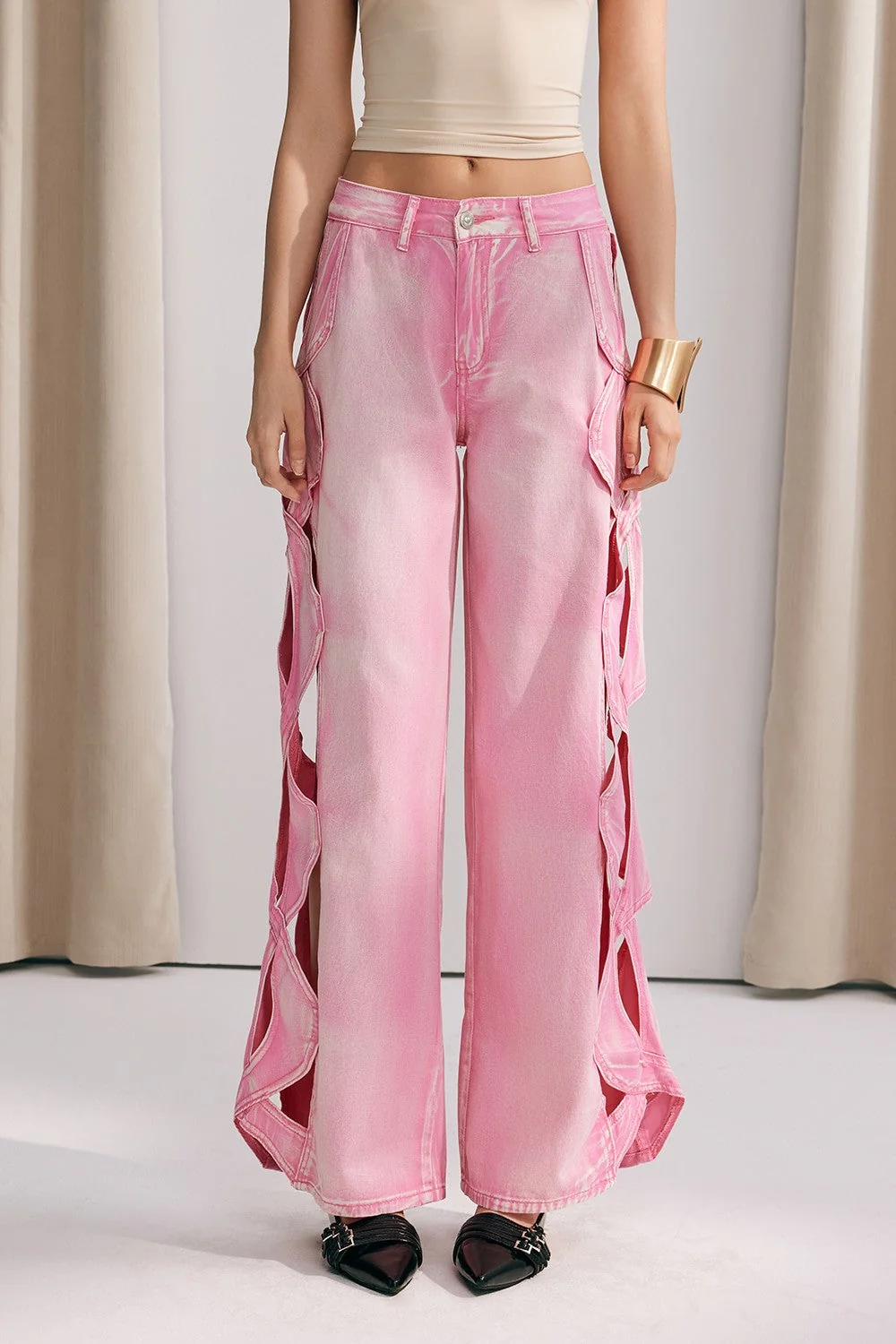 Pink Wide Leg Jeans with Hollow Weave Design
