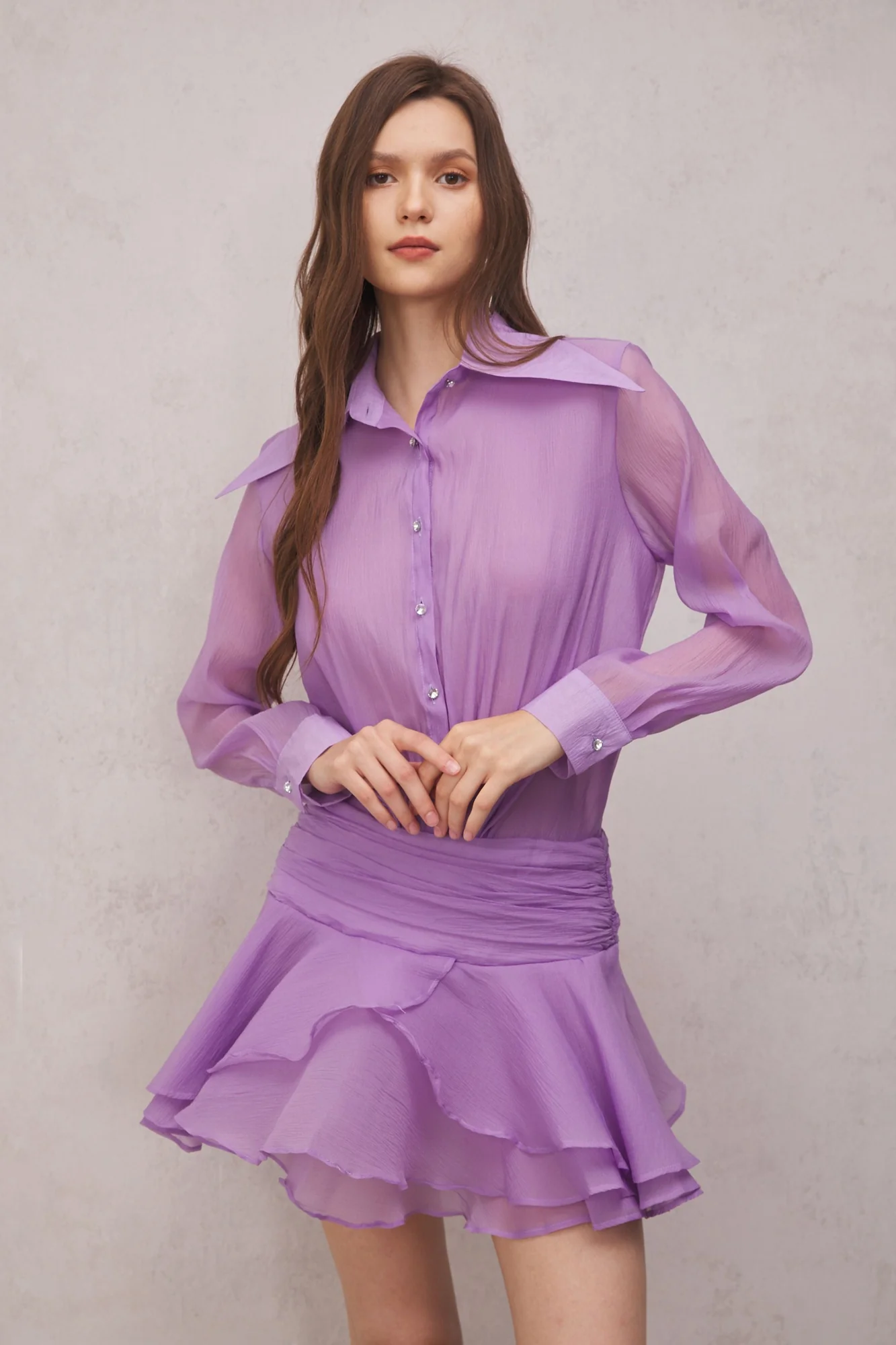 Ruched Ruffle Mini Dress Purple Elegant Stylish