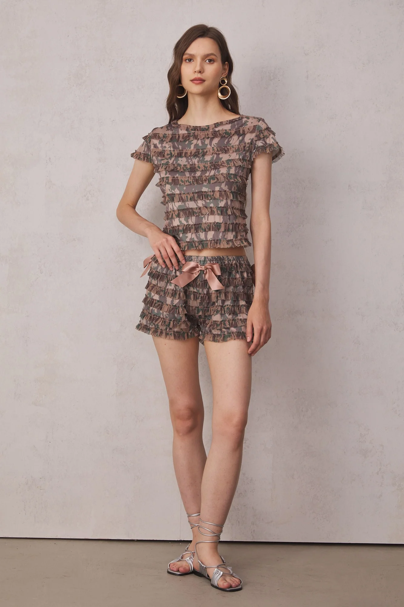 Green Lace Up Backless Ruffle Set for Women