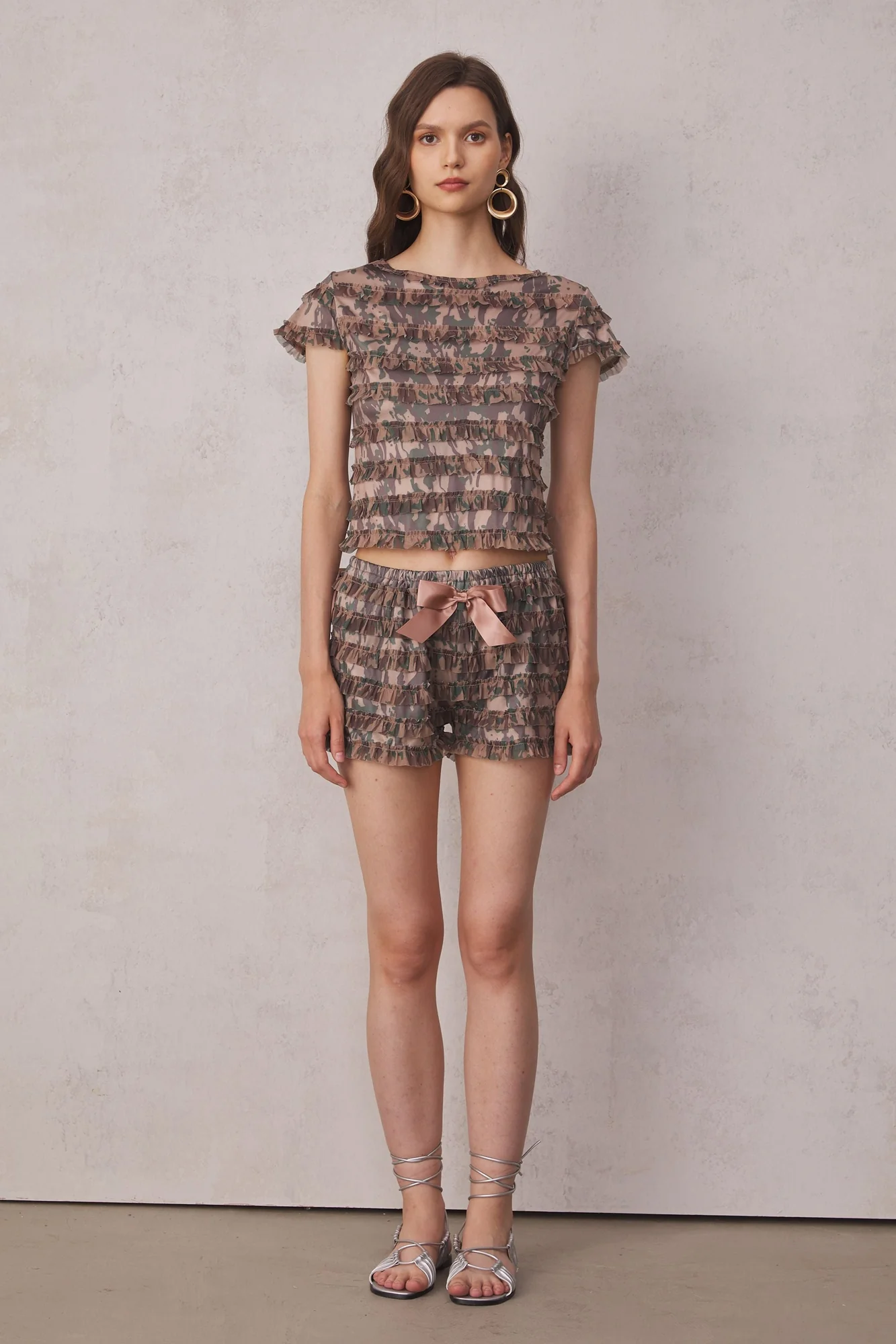 Green Lace Up Backless Ruffle Set for Women