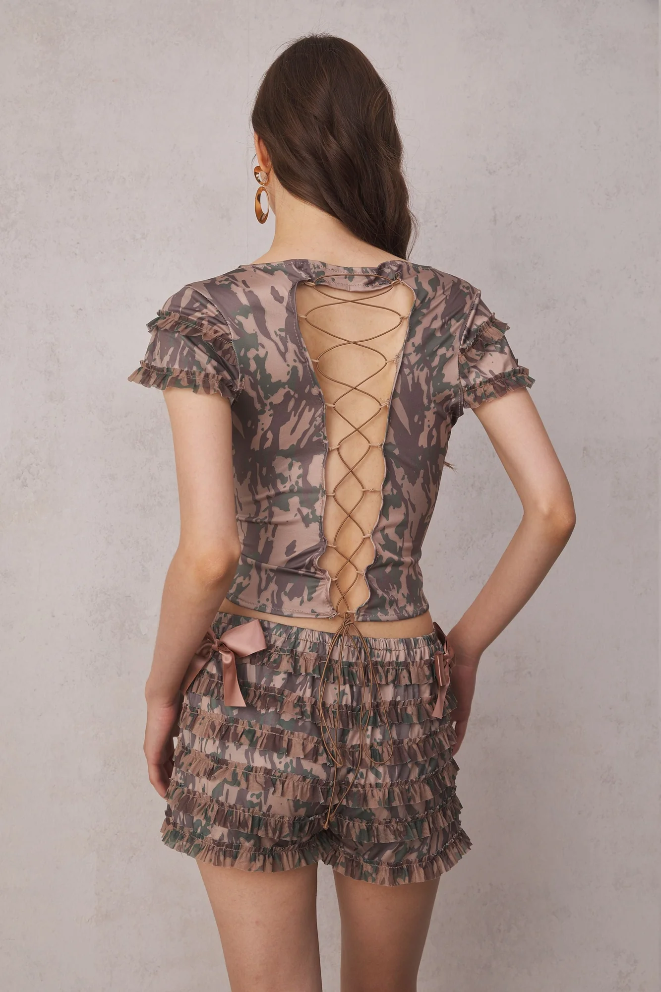 Green Lace Up Backless Ruffle Set for Women