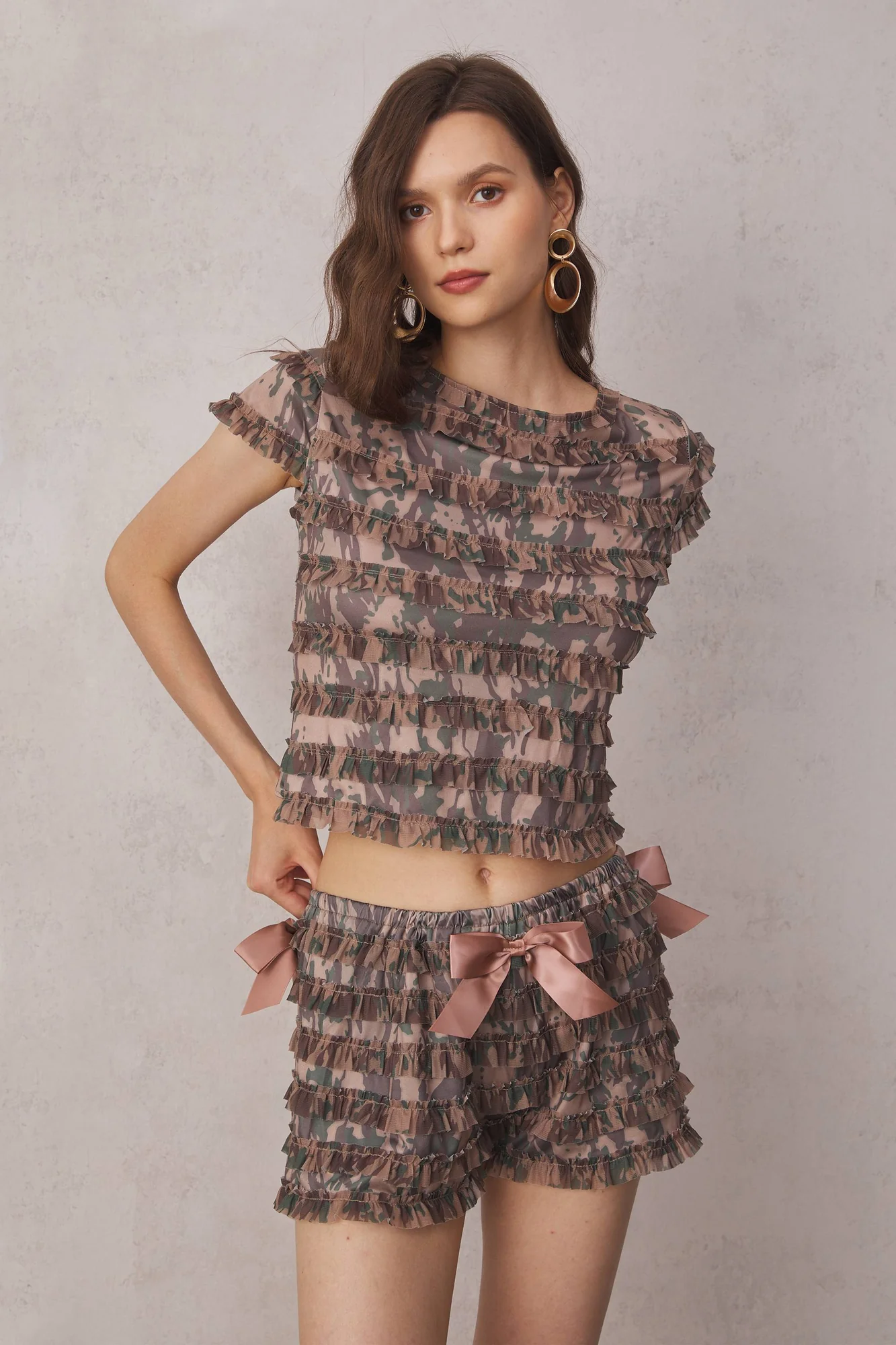 Green Lace Up Backless Ruffle Set for Women