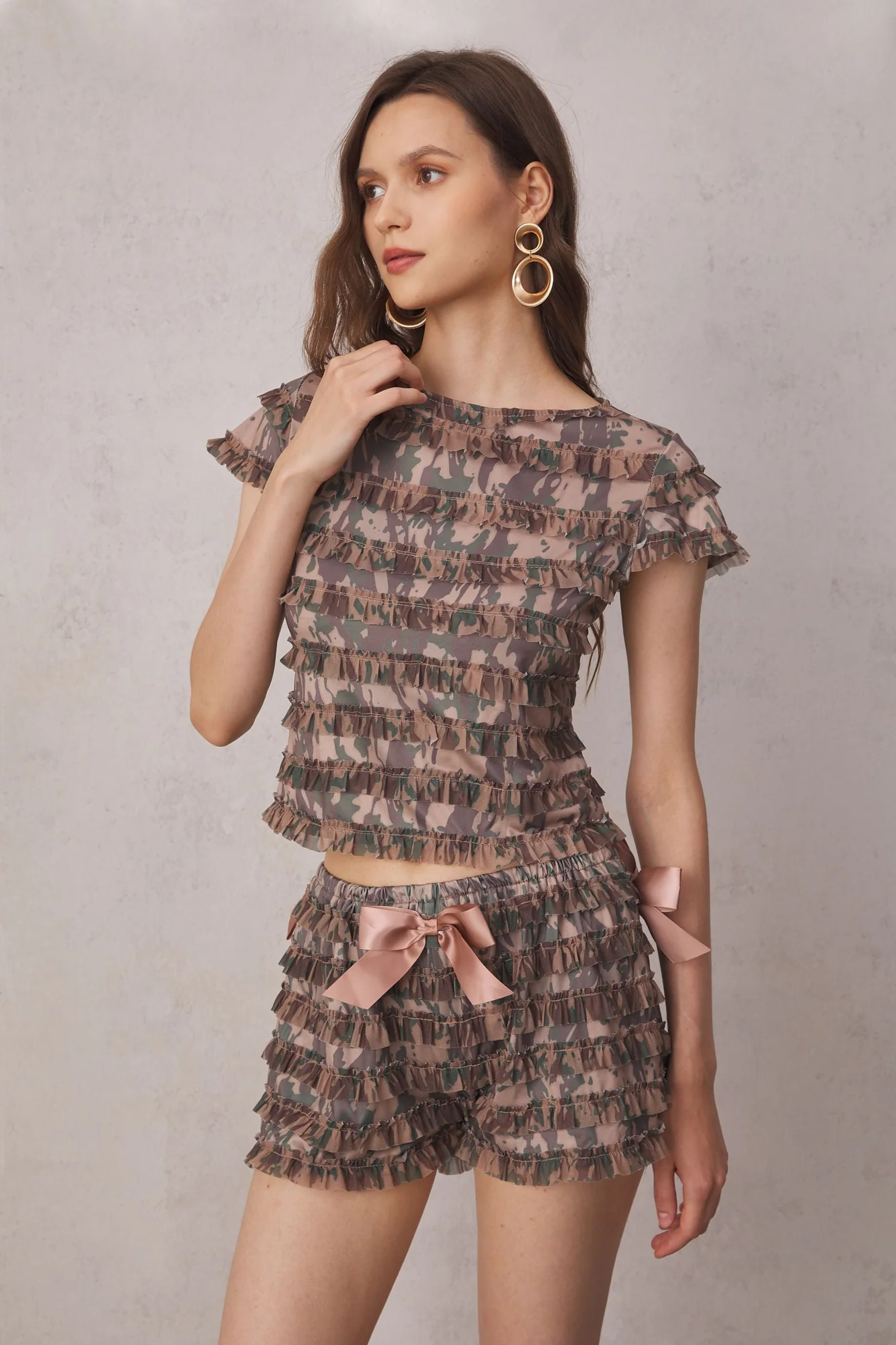 Green Lace Up Backless Ruffle Set for Women