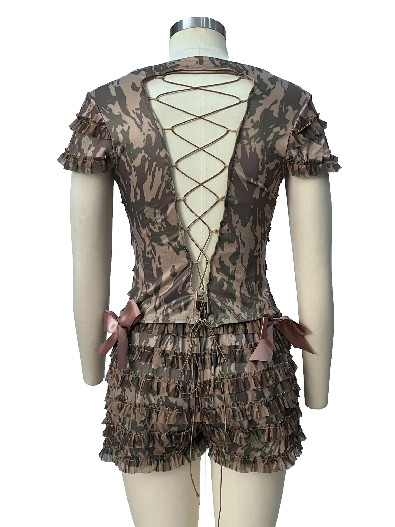 Green Lace Up Backless Ruffle Set for Women