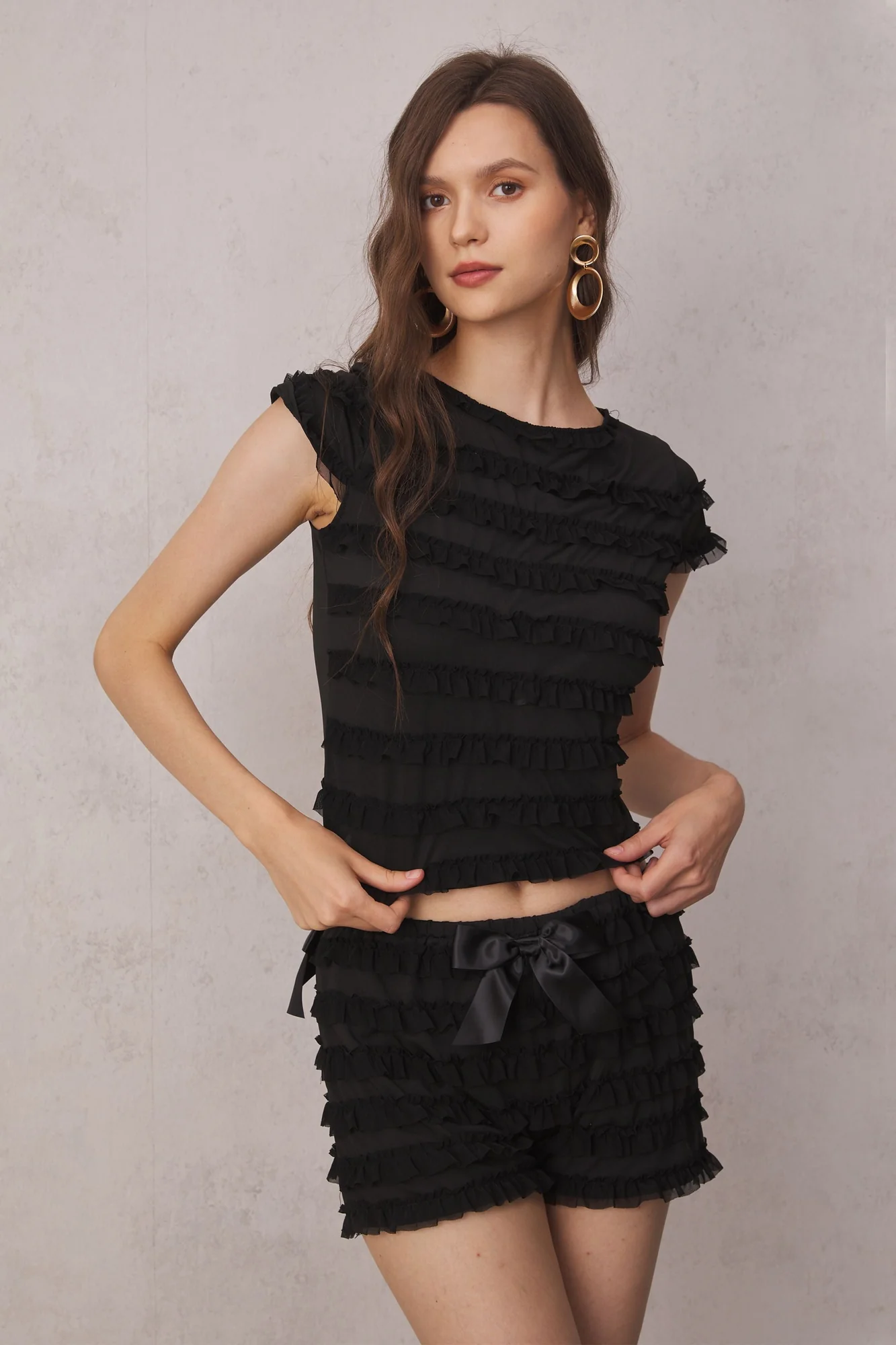 Black Ruffled Backless Set with Lace-Up Detail