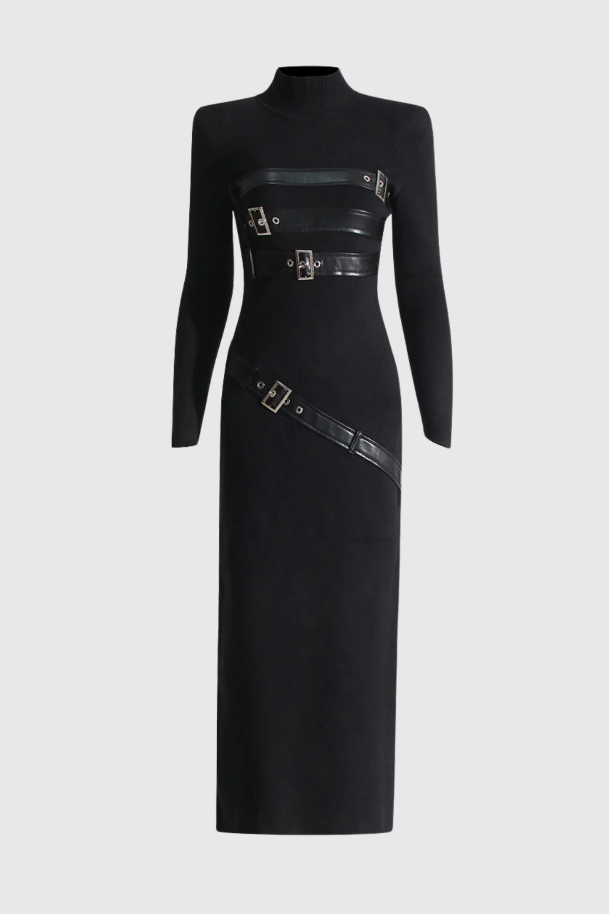 Black Knit Maxi Bodycon Dress with Buckle Embellishments
