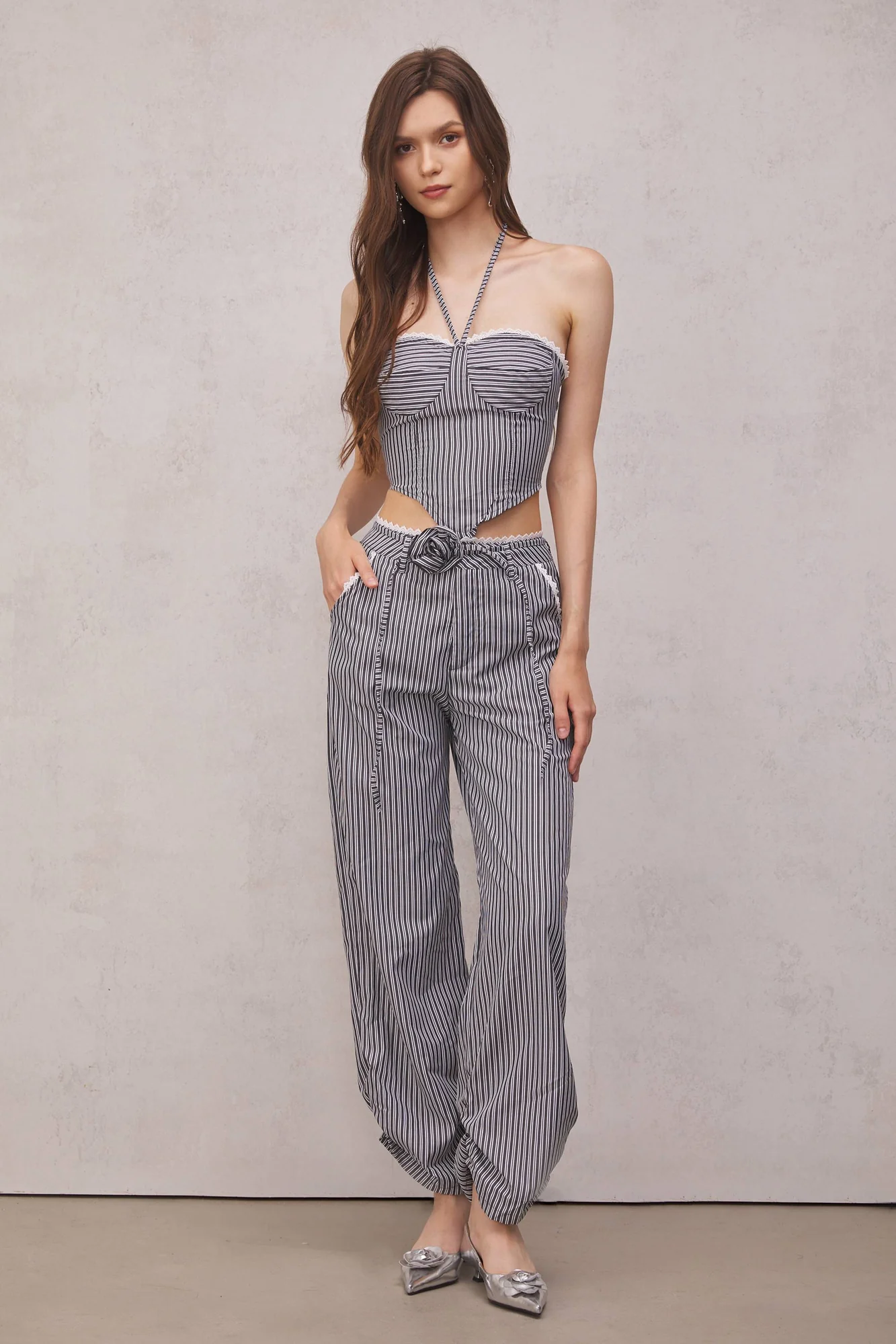 Floral Striped Lace Up Top in Black - Stylish and Versatile