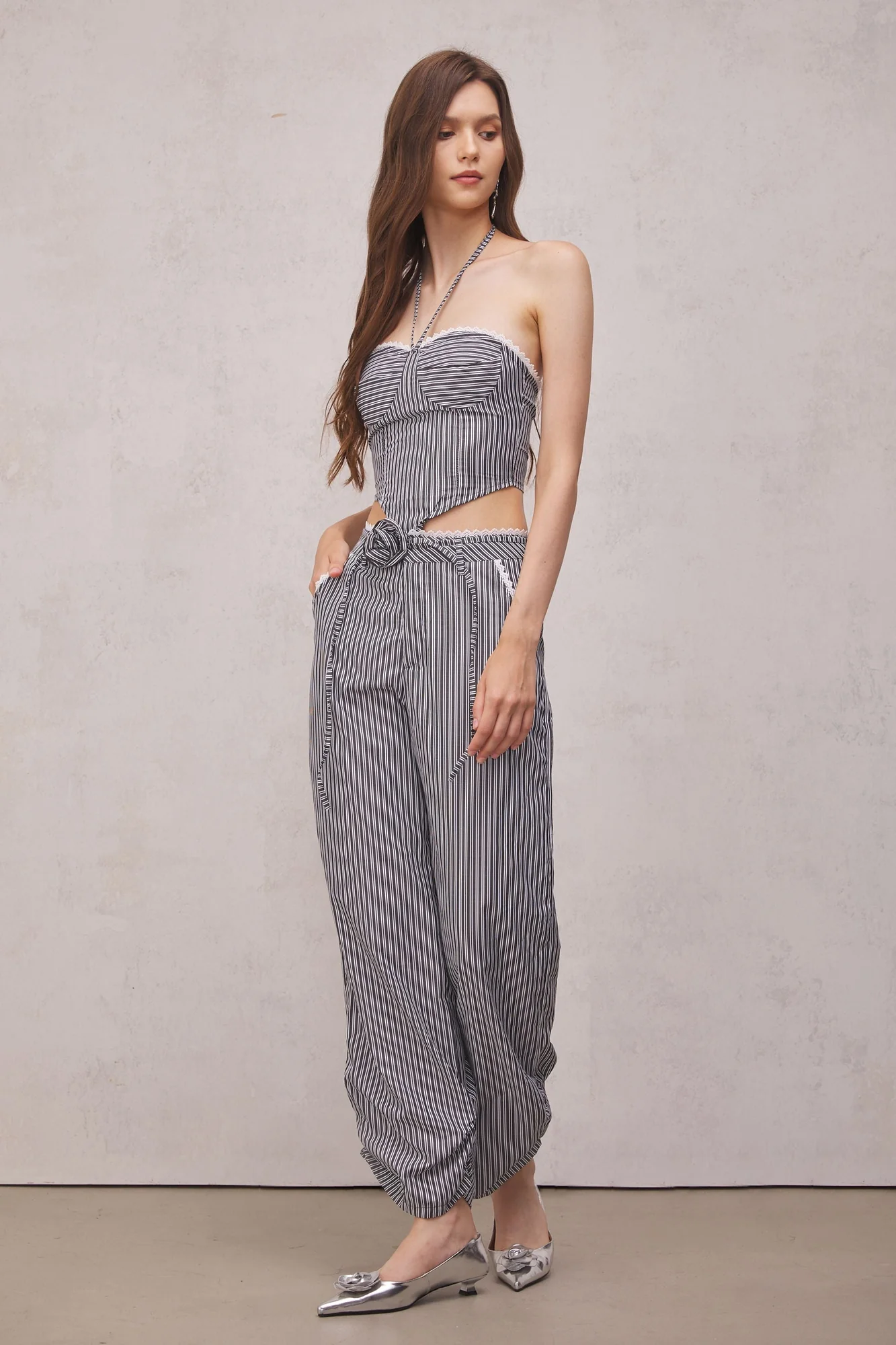 Floral Striped Lace Up Top in Black - Stylish and Versatile