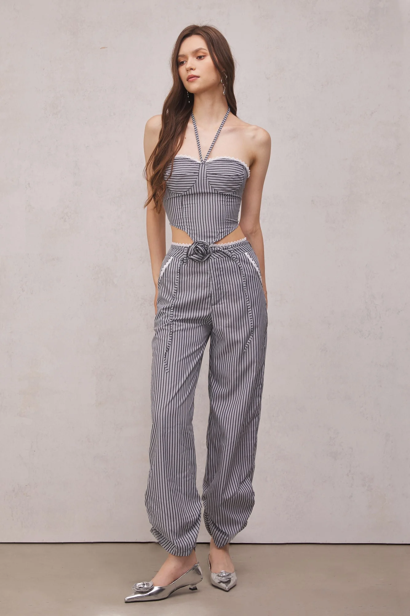 Floral Striped Lace Up Top in Black - Stylish and Versatile