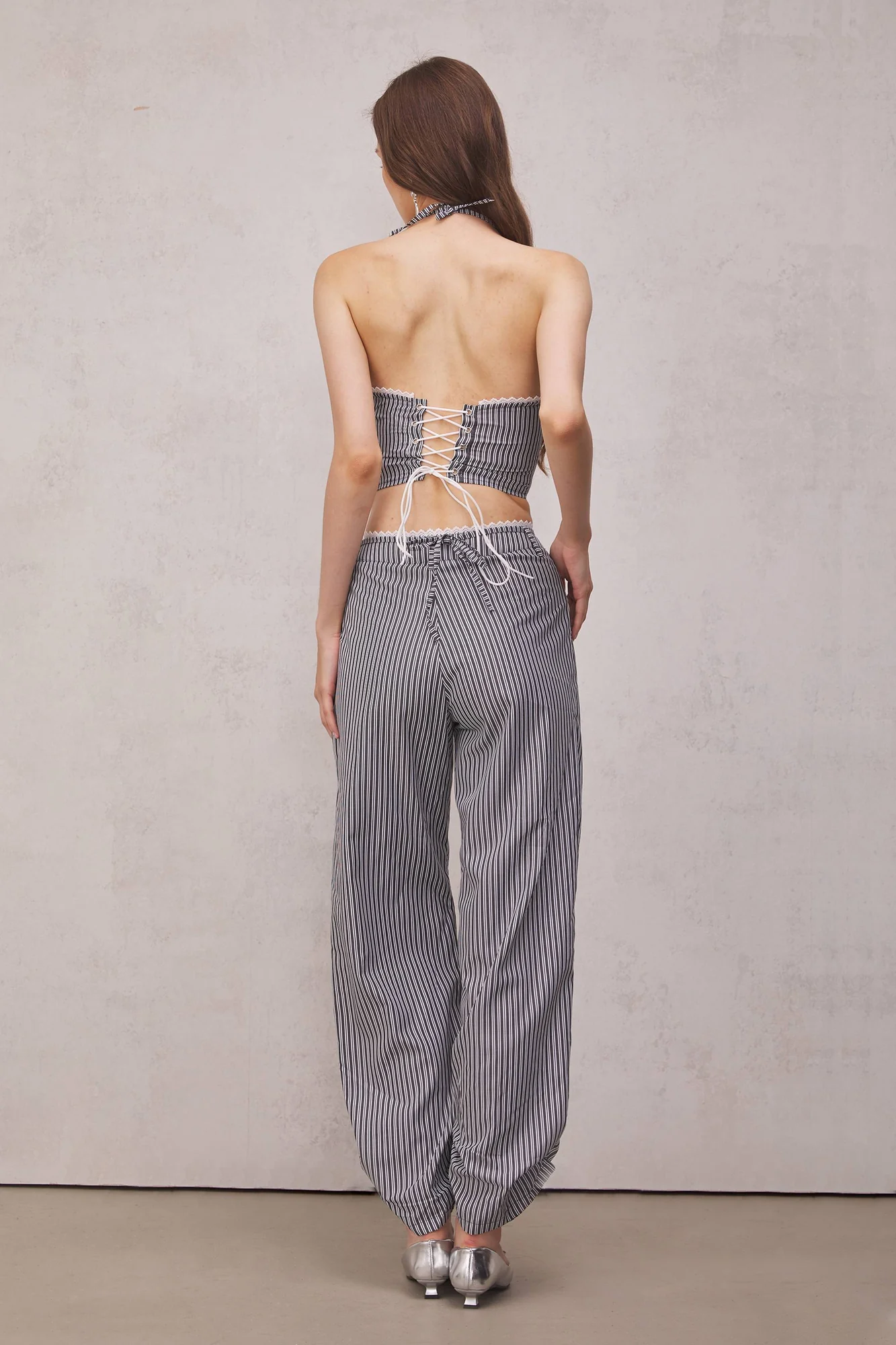 Floral Striped Lace Up Top in Black - Stylish and Versatile