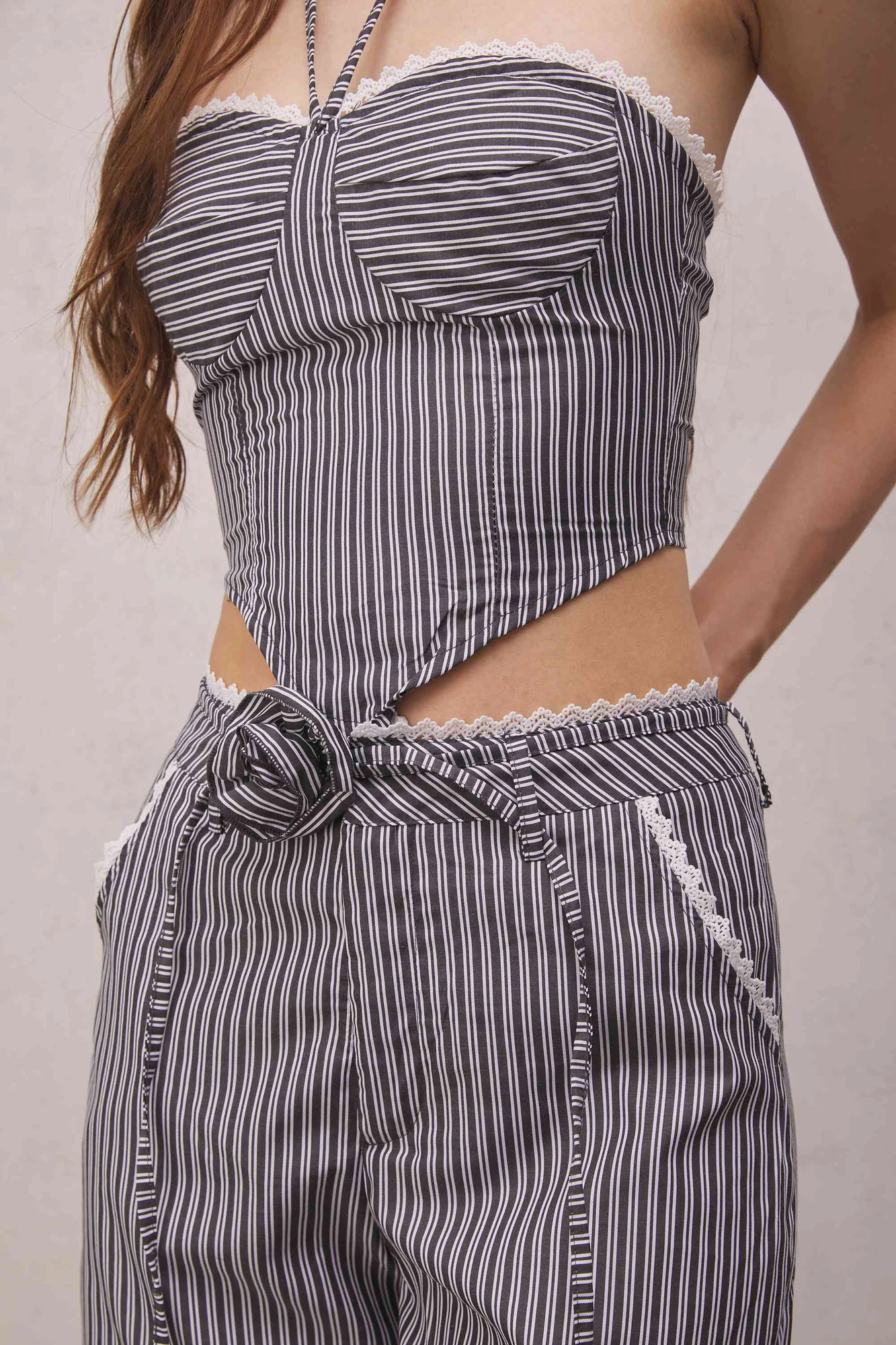 Floral Striped Lace Up Top in Black - Stylish and Versatile