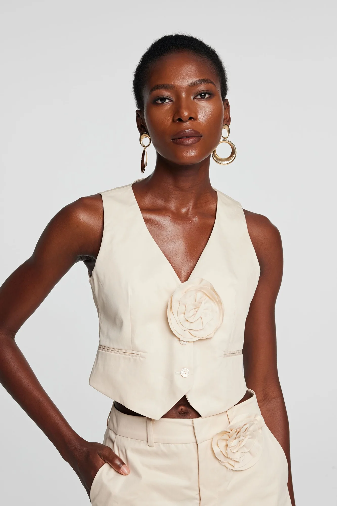 White Flower Plunge Top for Women