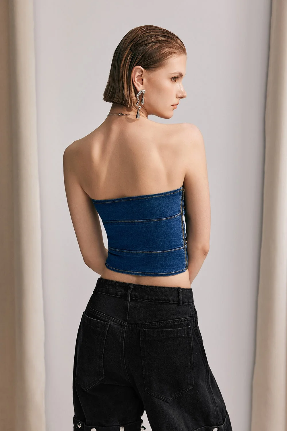 Jayla Off Shoulder Denim Top - Blue Patchwork Style