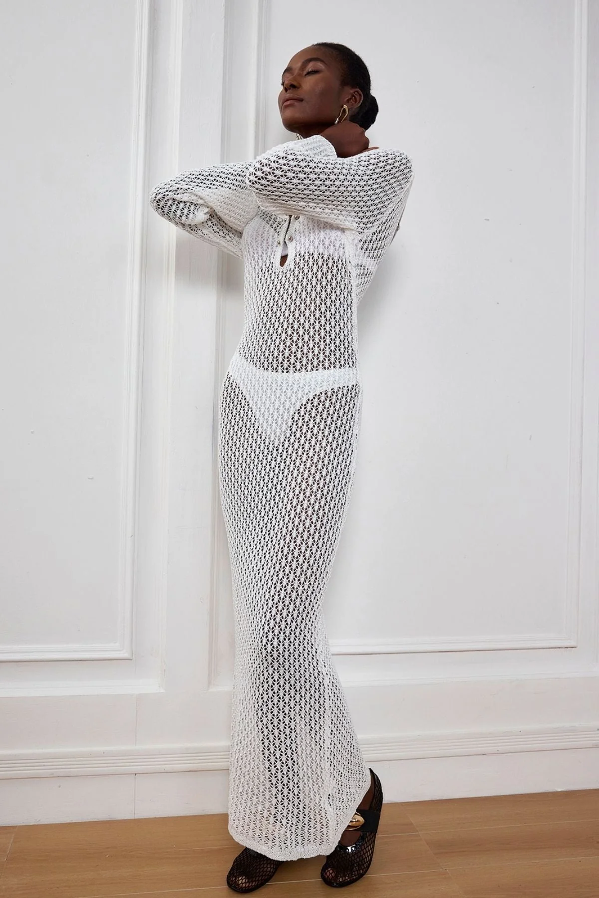 White Knit Plunge Maxi Dress for Stylish Comfort