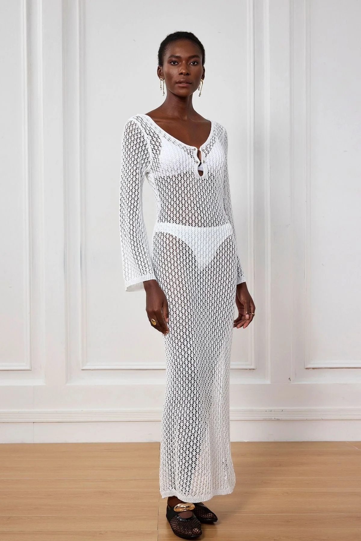 White Knit Plunge Maxi Dress for Stylish Comfort