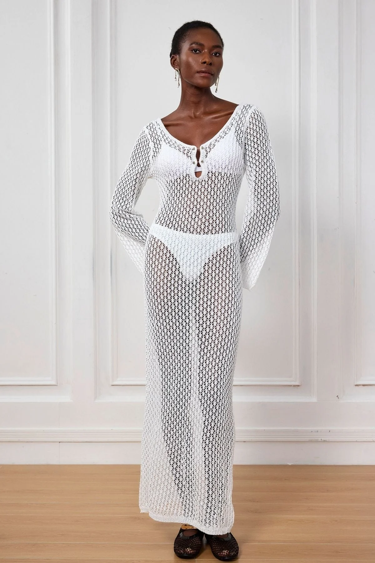 White Knit Plunge Maxi Dress for Stylish Comfort