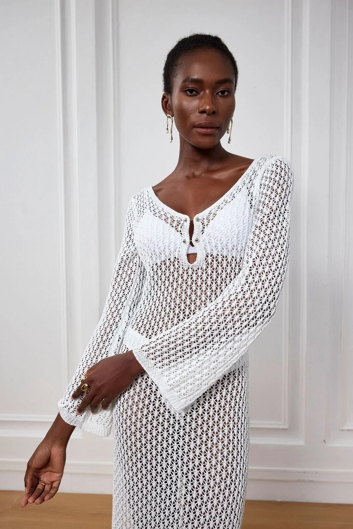 White Knit Plunge Maxi Dress for Stylish Comfort