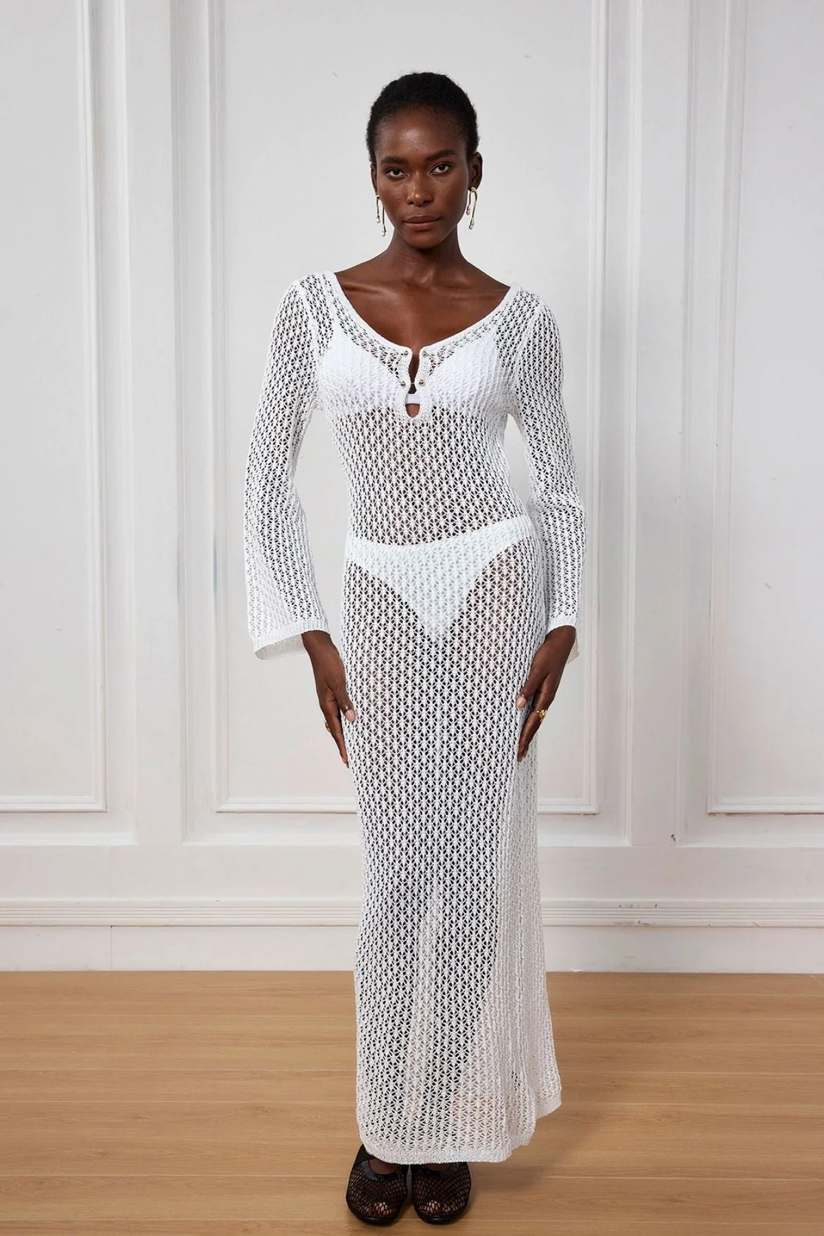 White Knit Plunge Maxi Dress for Stylish Comfort