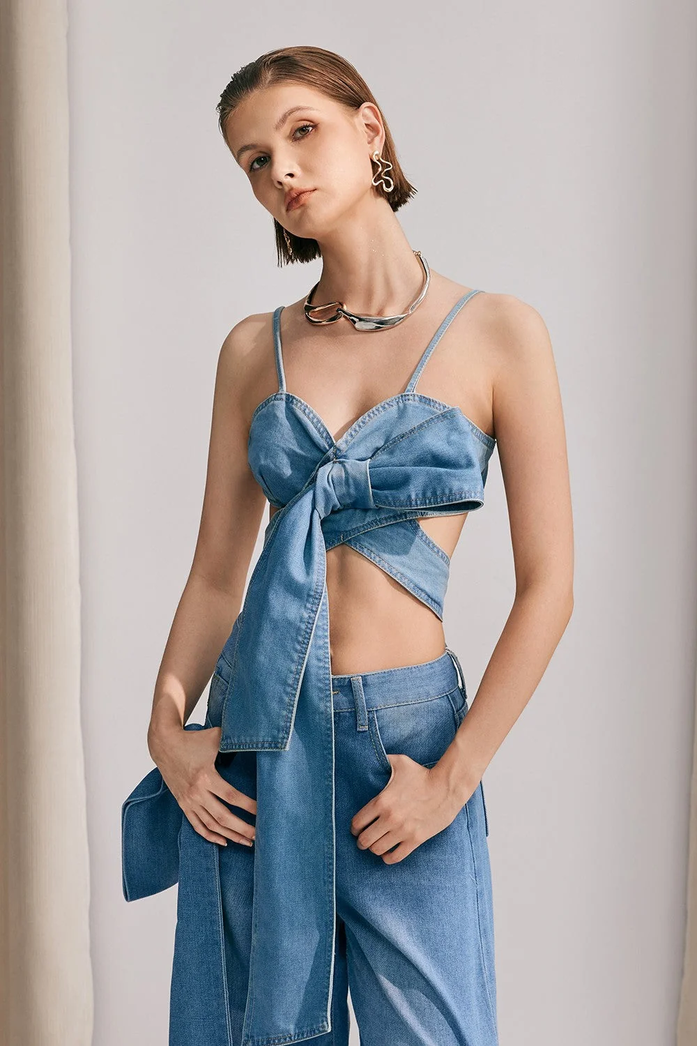 Denim Bow Lace Khalani Top - Stylish Denim Shirt