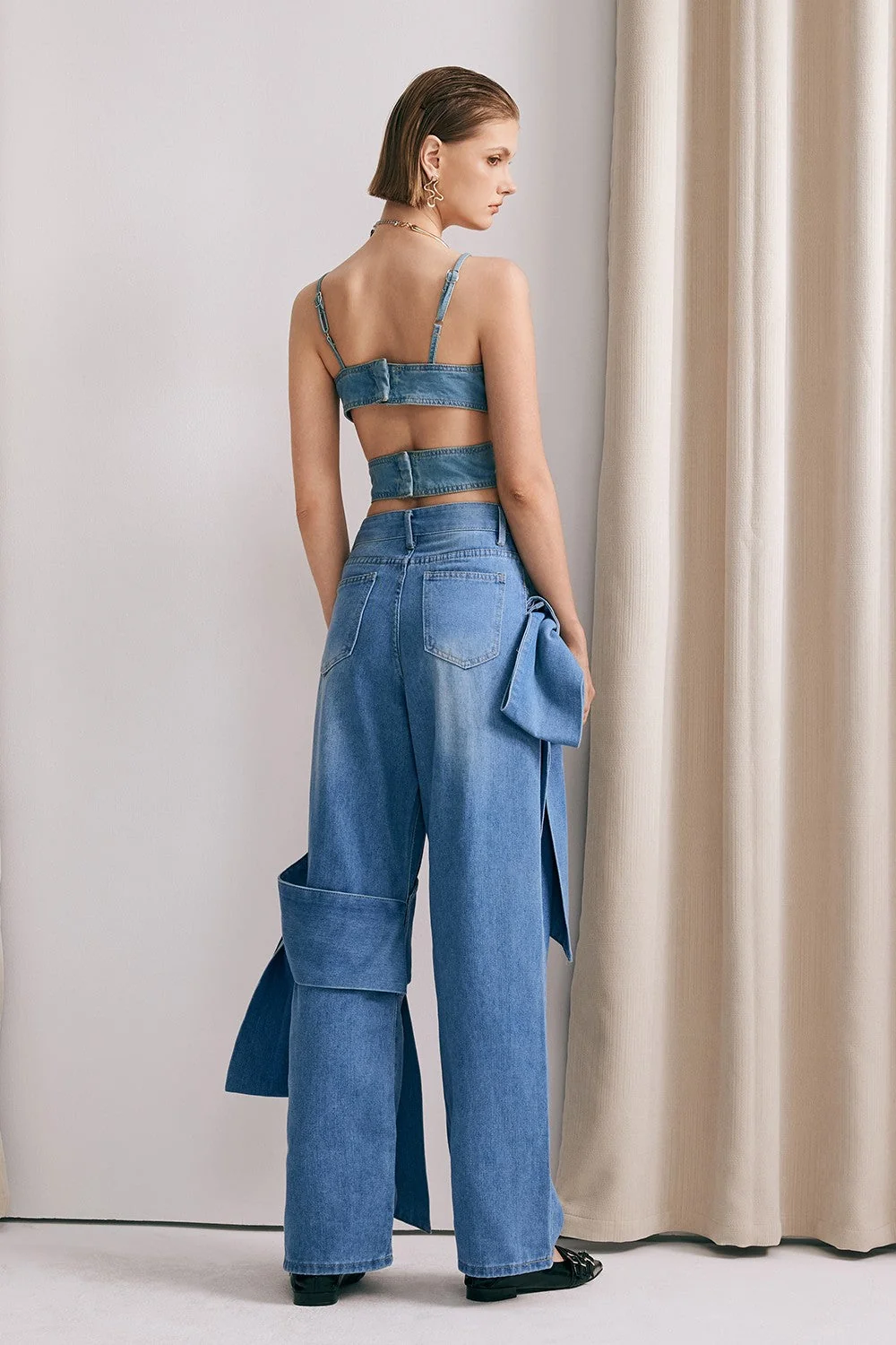 Denim Bow Lace Khalani Top - Stylish Denim Shirt