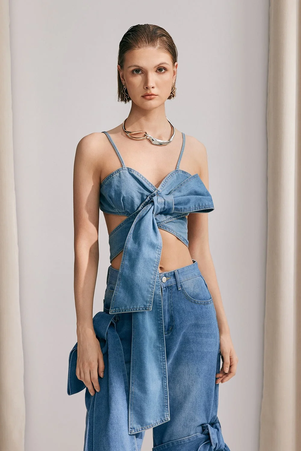 Denim Bow Lace Khalani Top - Stylish Denim Shirt