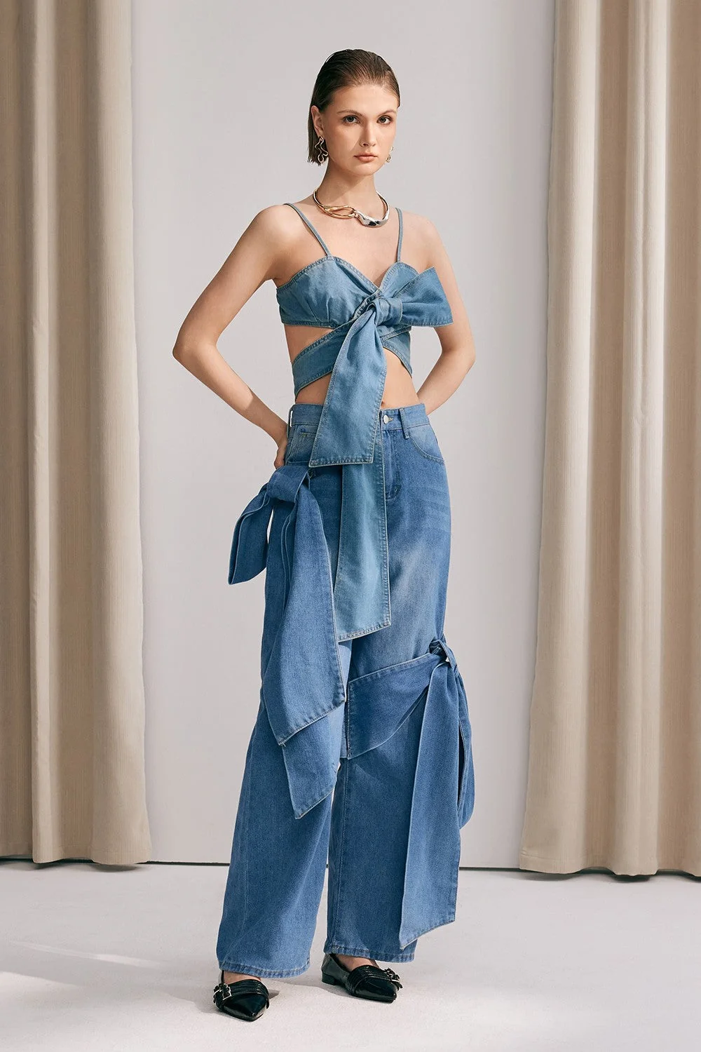 Denim Bow Lace Khalani Top - Stylish Denim Shirt