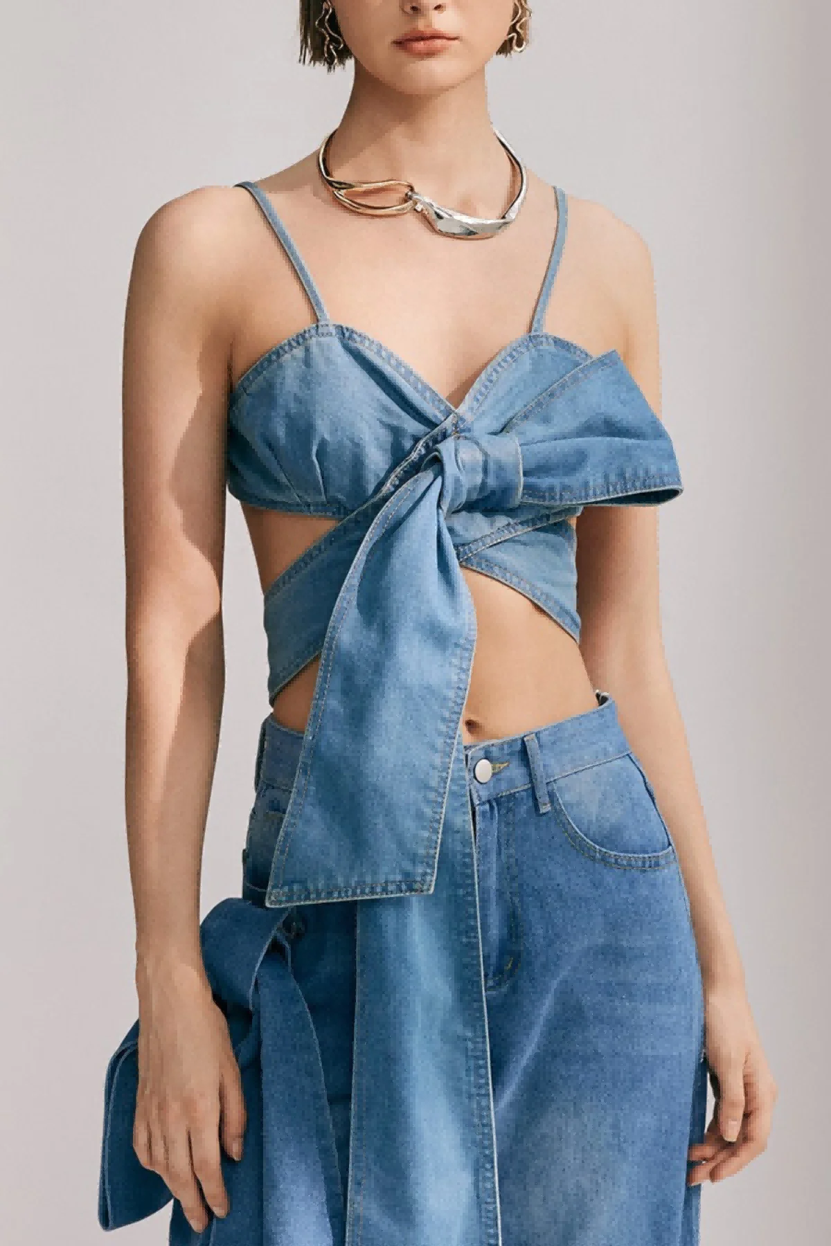 Denim Bow Lace Khalani Top - Stylish Denim Shirt