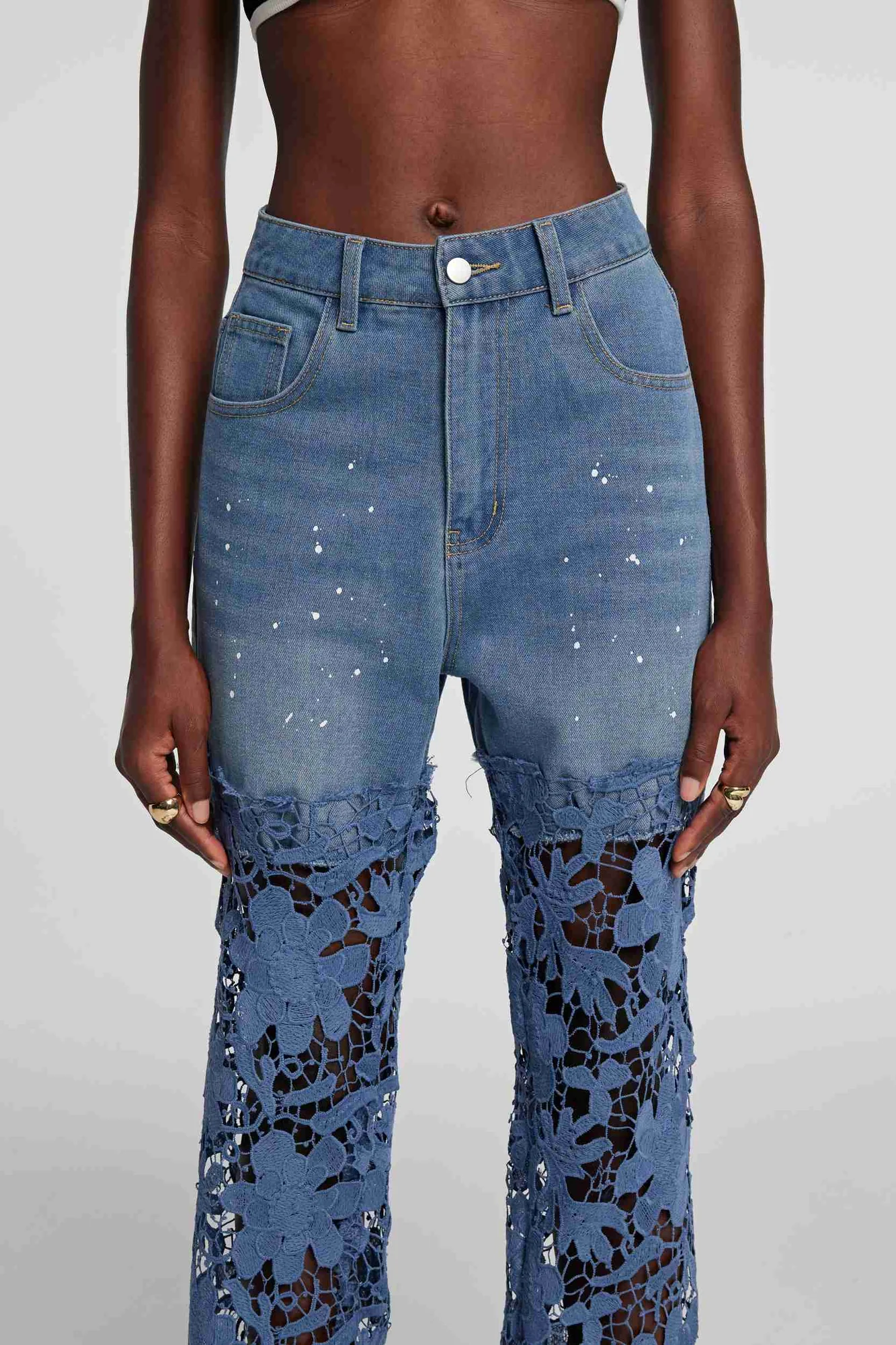 Elegant Lace Patchwork Blue Jeans