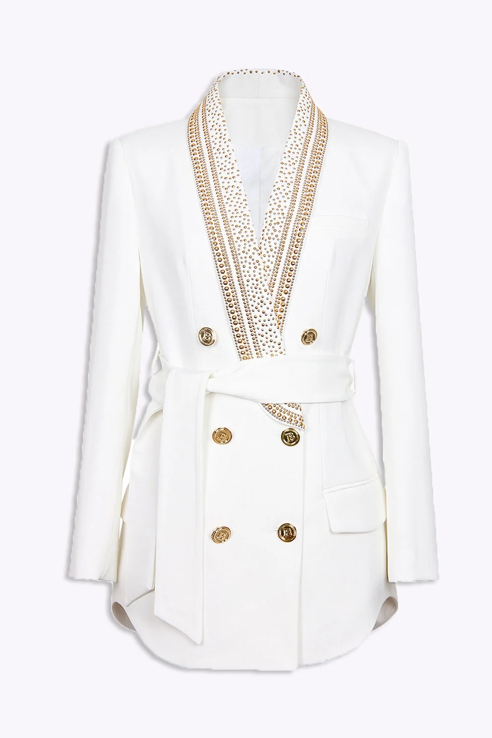 White Embellished Belted Blazer with Glamorous Twist
