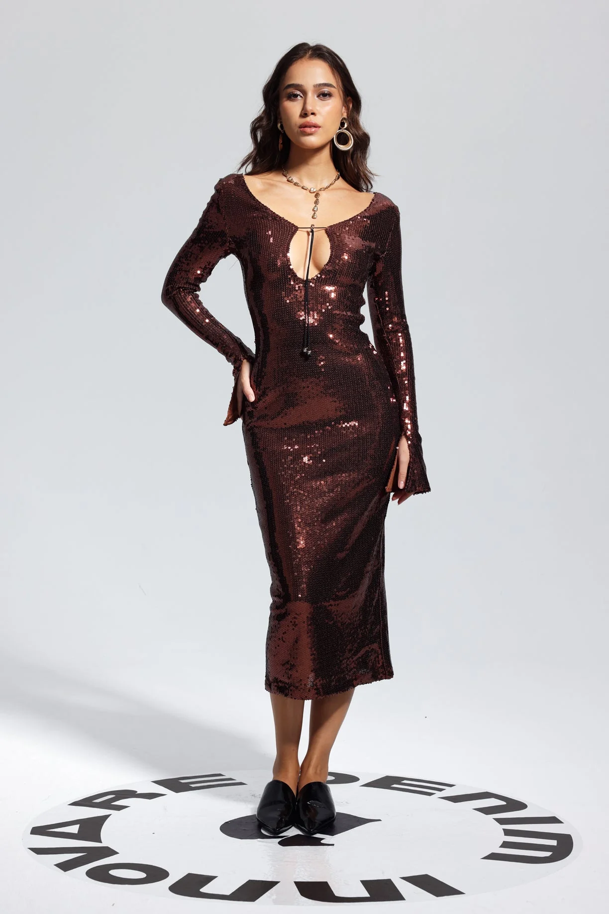 Brown Sequin Midi Dress - Elegant Evening Wear