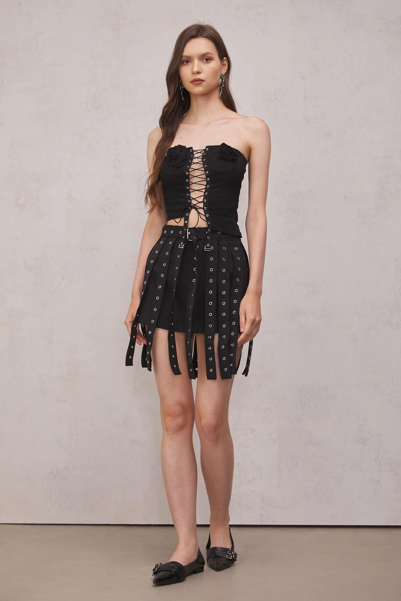 Black Grommeted Mini Skirt in Polyester